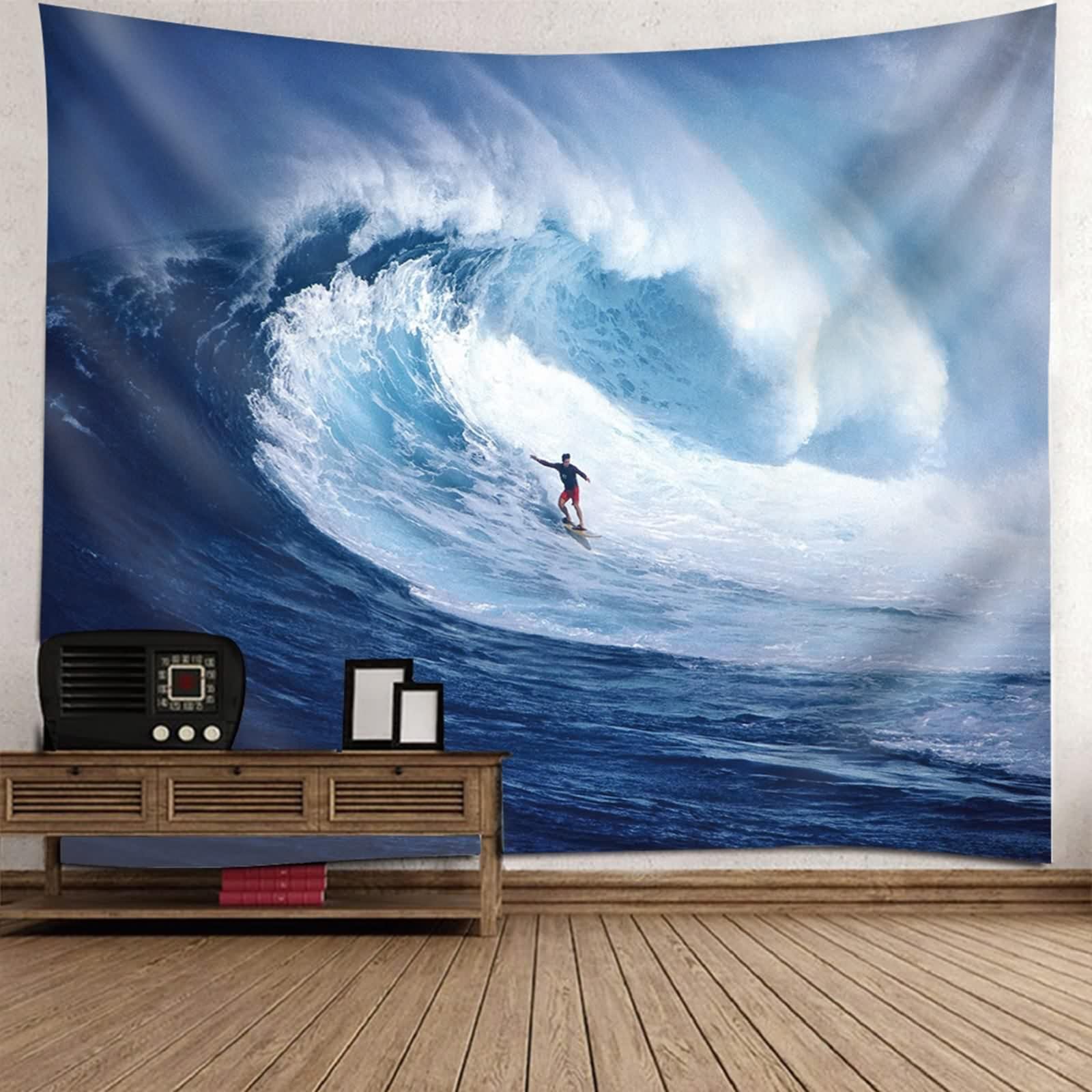 KnSam Dywan ścienny, ocean, fala morska, surfer 300 x 256 cm, chusta ścienna, ciemnoniebiesko-biała z poliestru, naturalny krajobraz, gobelin ścienny, do pokoju, akademika, sypialni