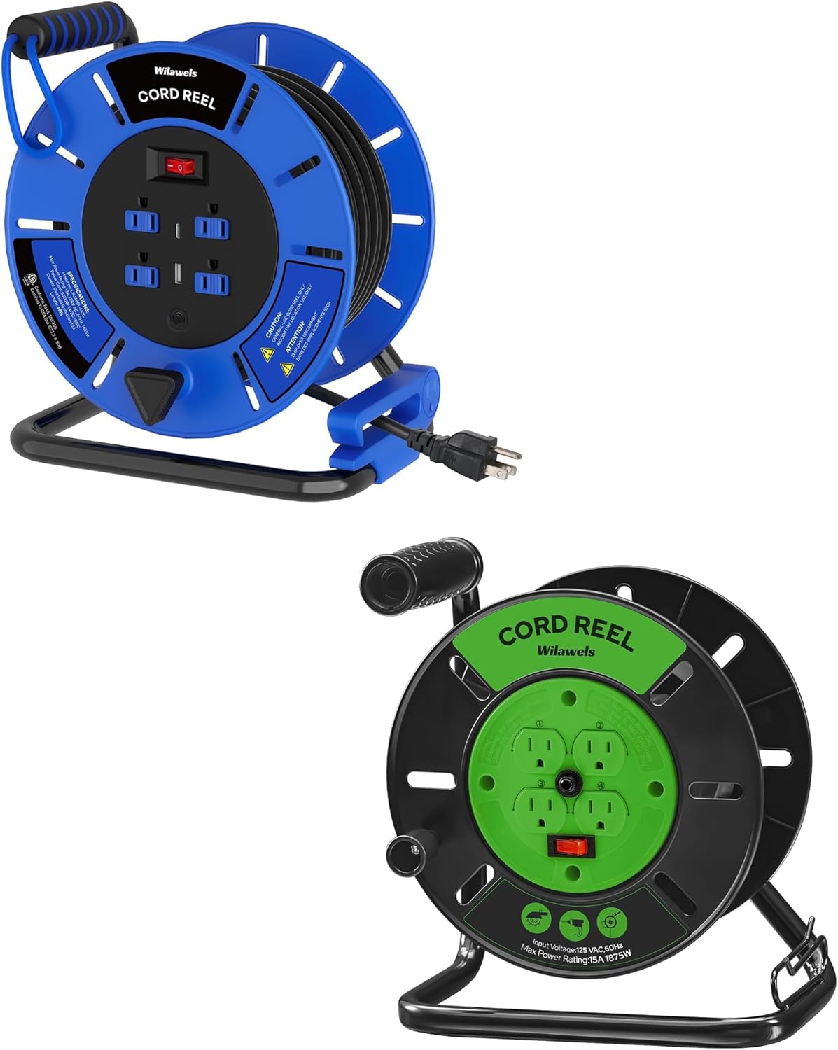 60 FT Retractable Extension Cord Reel and Extension Cord Storage Reel with 4-Grounded Outlets Bundle, for Indoor Outdoor Use U60ACR06-J95CR06