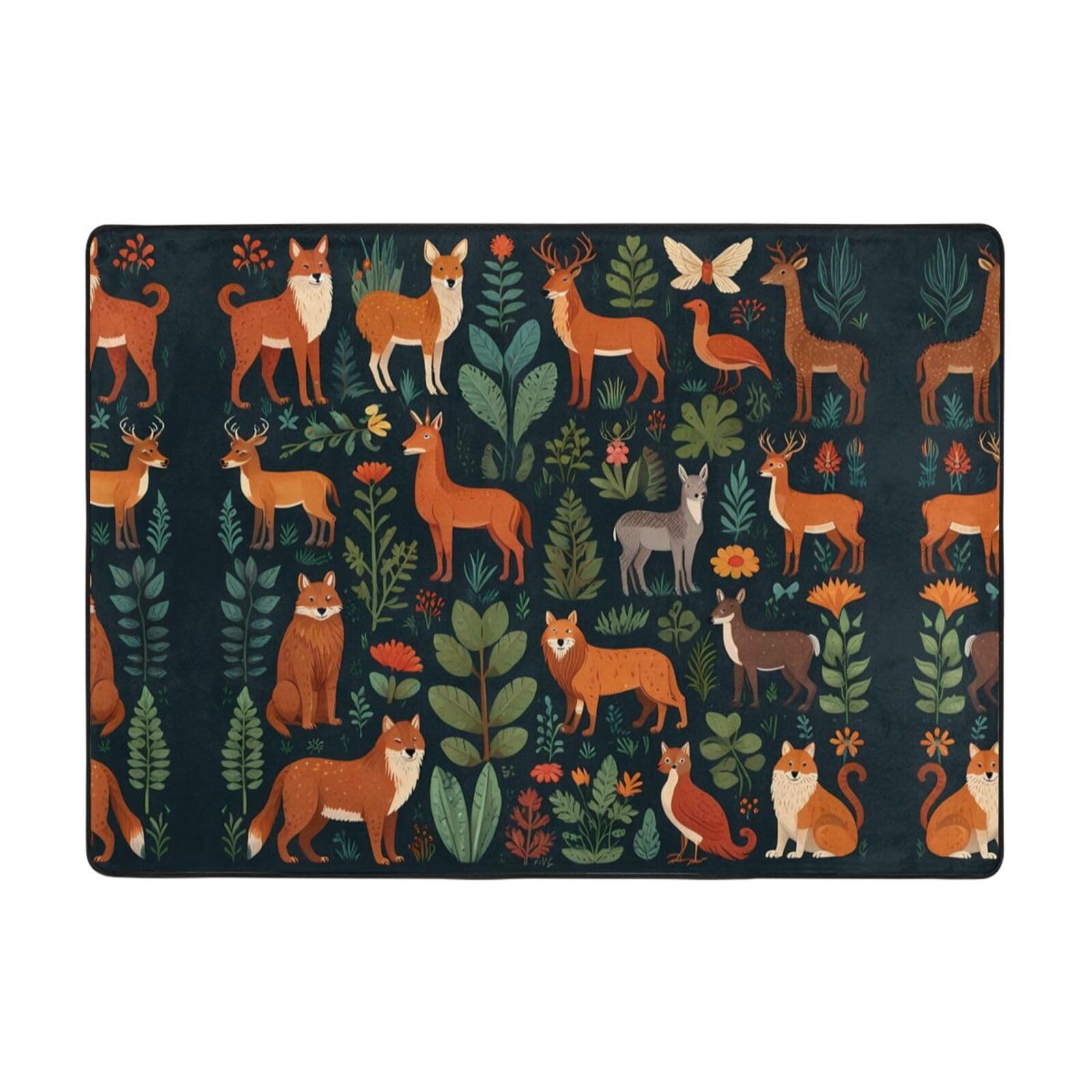 Tapis imprimé salon bureau 203x147 cm motif animaux plantes table basse