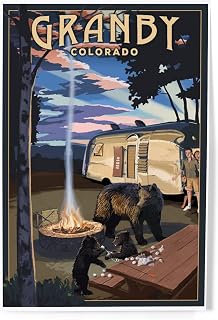 Lantern Press 8x12 Inch Art Print Wall Decor, Granby, Colorado, Retro Camper and Lake with Bear Family