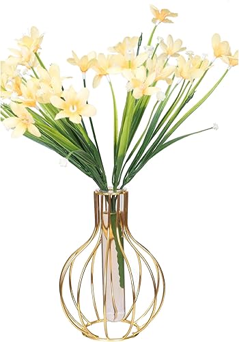 Miniatura 3 de Jarrones de escritorio para plantas con tubo de ensayo, florero de cristal con soporte de metal dorado, estación de propagación, soporte para