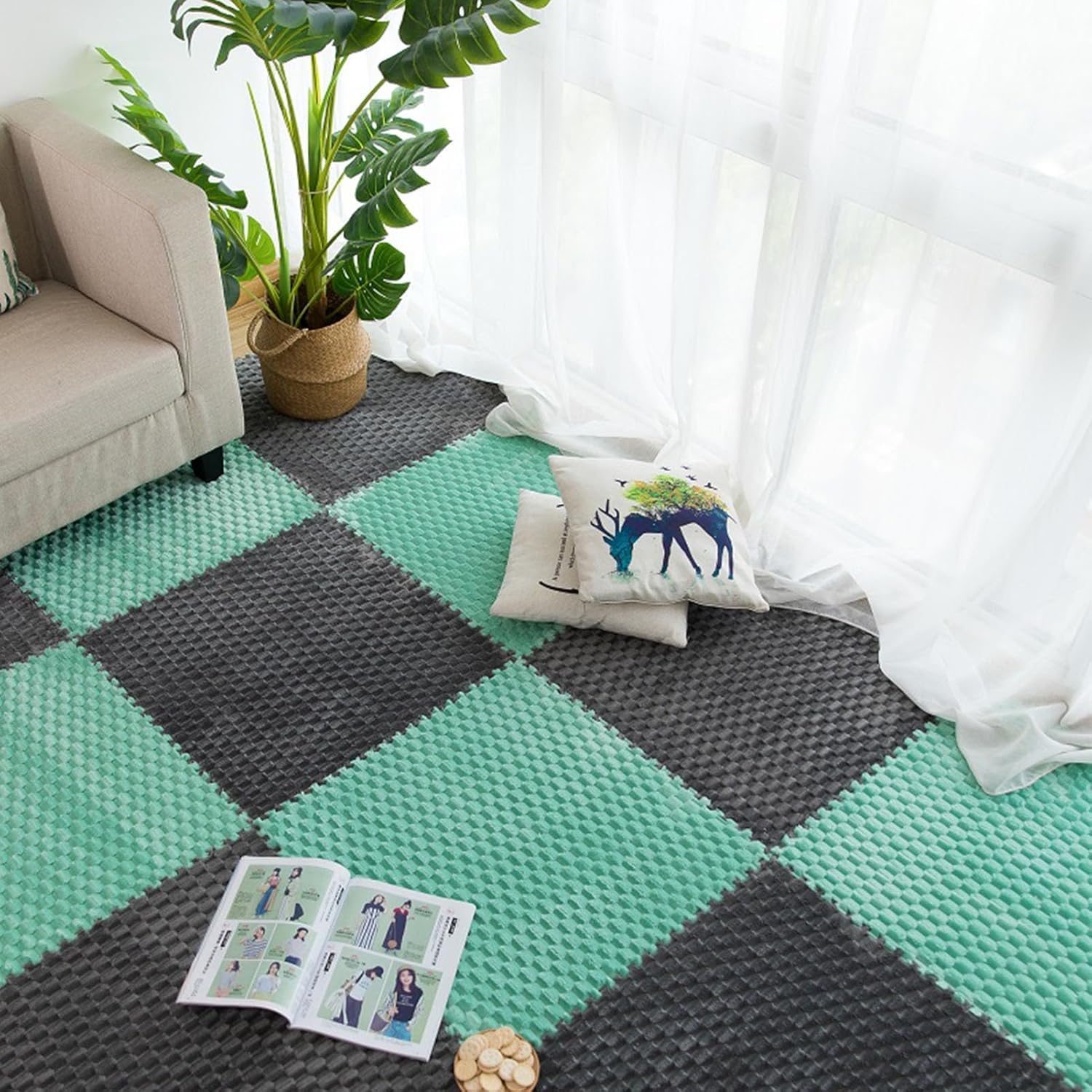 Tapis de sol moquette puzzle vert 30x30 cm dalle mousse amortissante