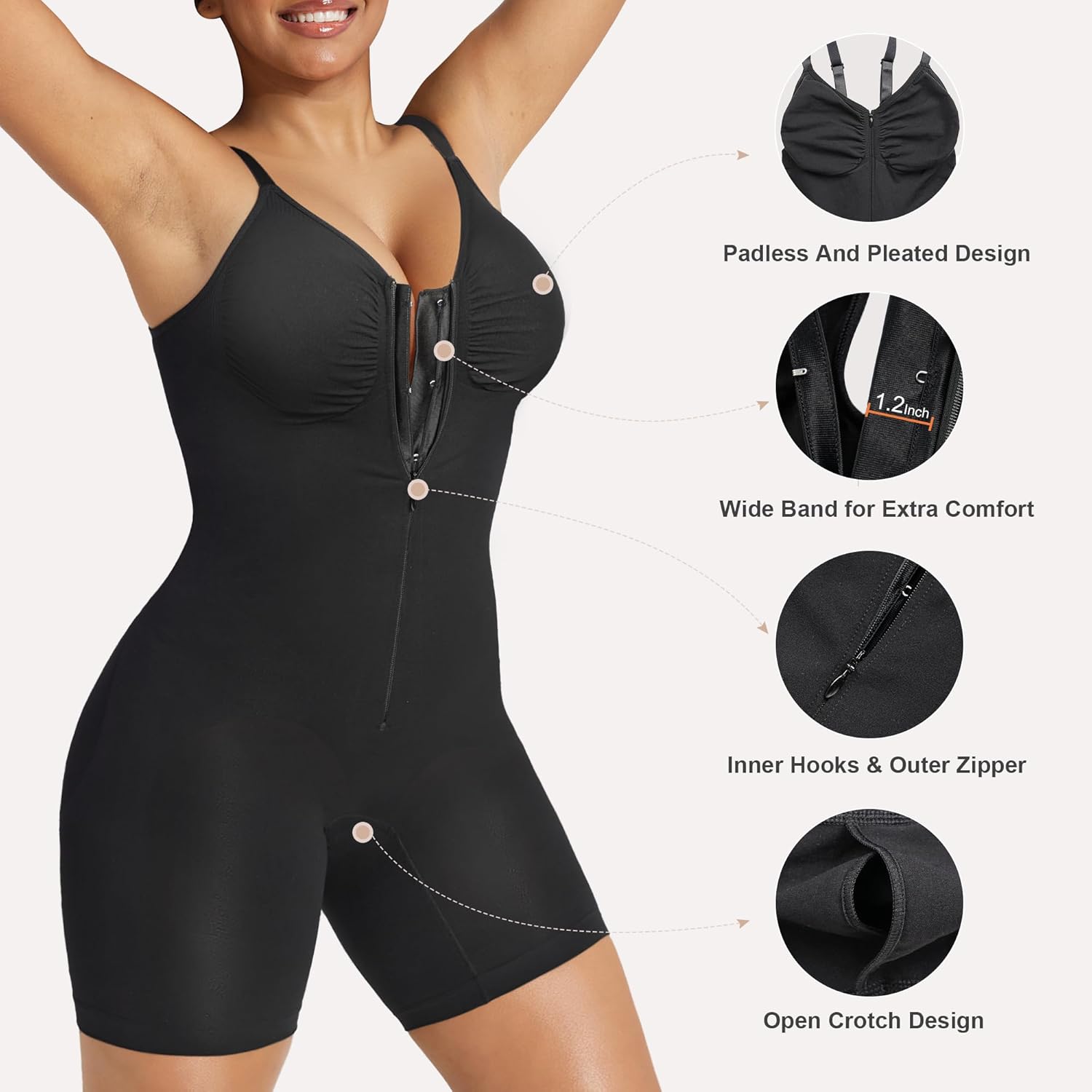 SHAPERX Women's Shapewear Bodysuit Tummy Control Seamless Zip-Up Body Shaper Waist Snatched Body Suit - Image 3