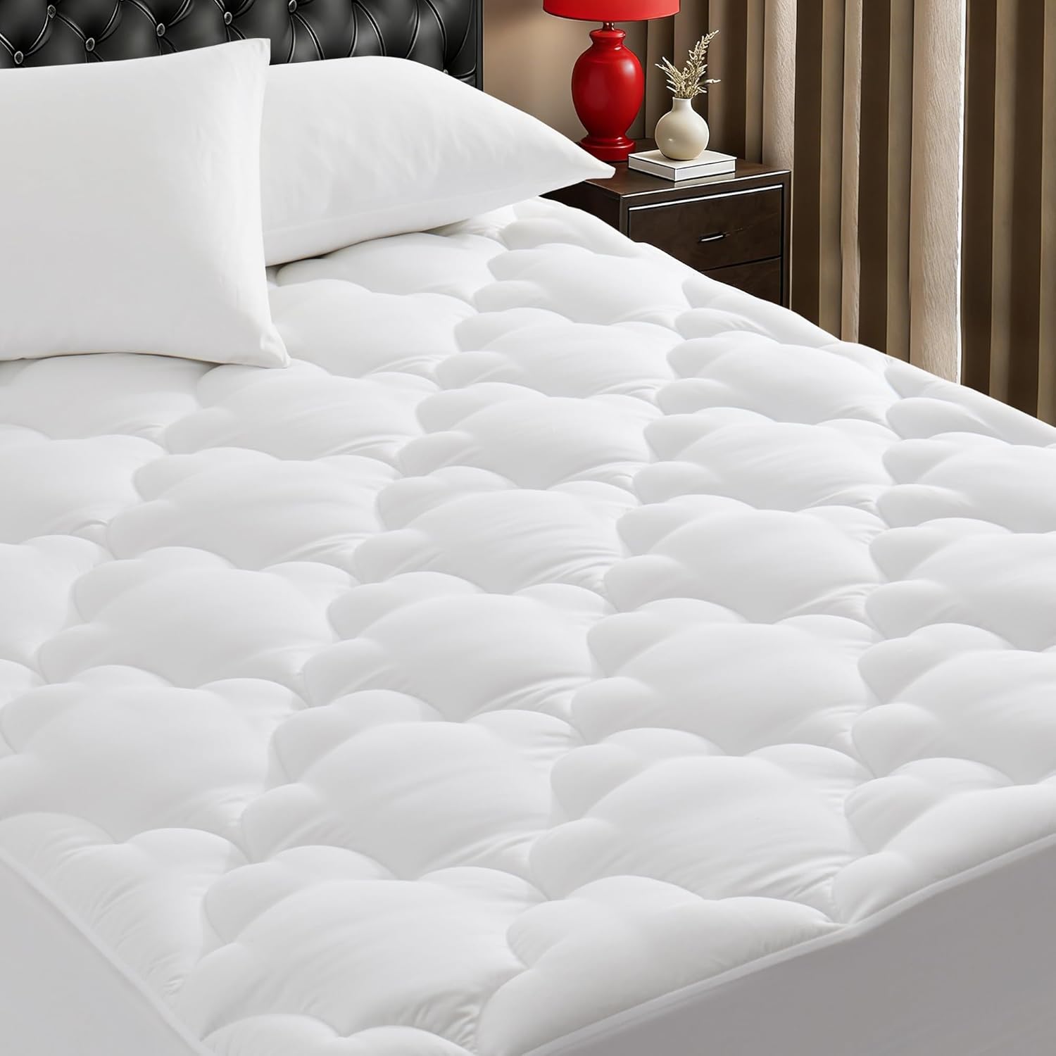 Supportive Quilted Mattress Pad Pillow Top Mattress Cover Protector Cooling Soft for Breathable Padded Fitted 8"-21" Deep Pocket (White, Queen Size)