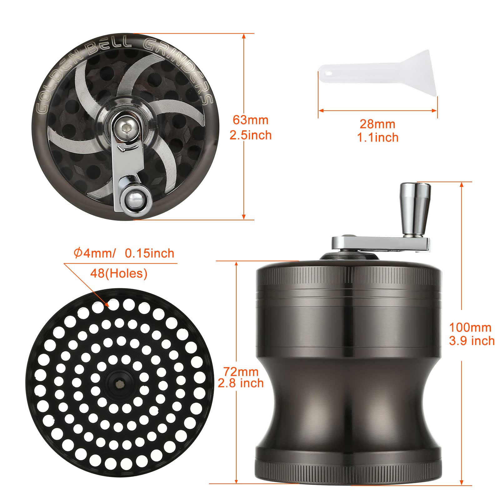LIHAO Grinder Unico, 6.3cm Spezie Erbe Grinder in 4 Pezzi in Metallo con Manovella - Nichel Nero