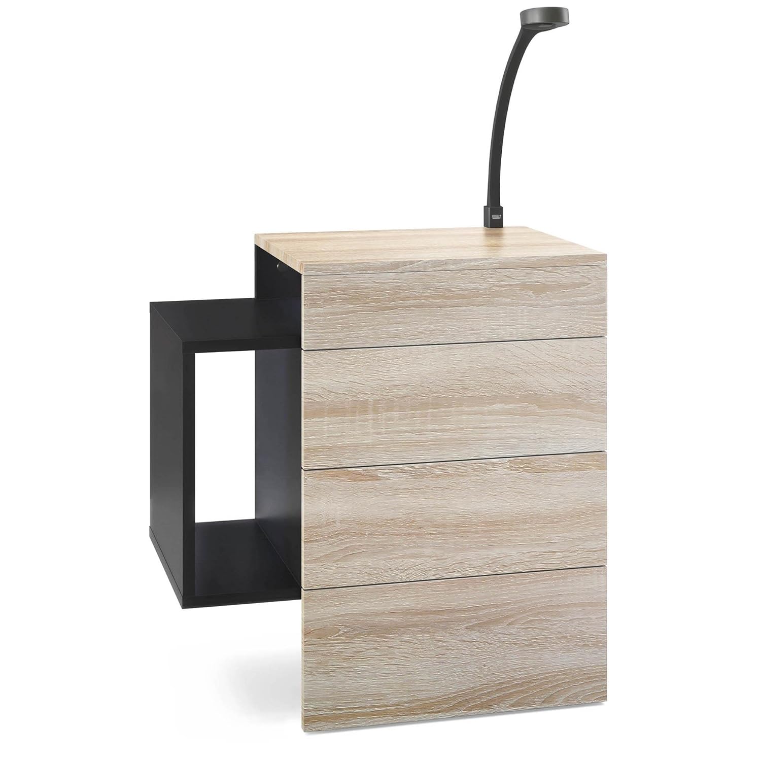 Vladon Nachttisch Queens, Nachttischschrank mit 2 Schubladen und 1 seitlichem Fach zur Wandmontage, Schwarz matt/Eiche Sägegrau, inkl. LED Flexi…