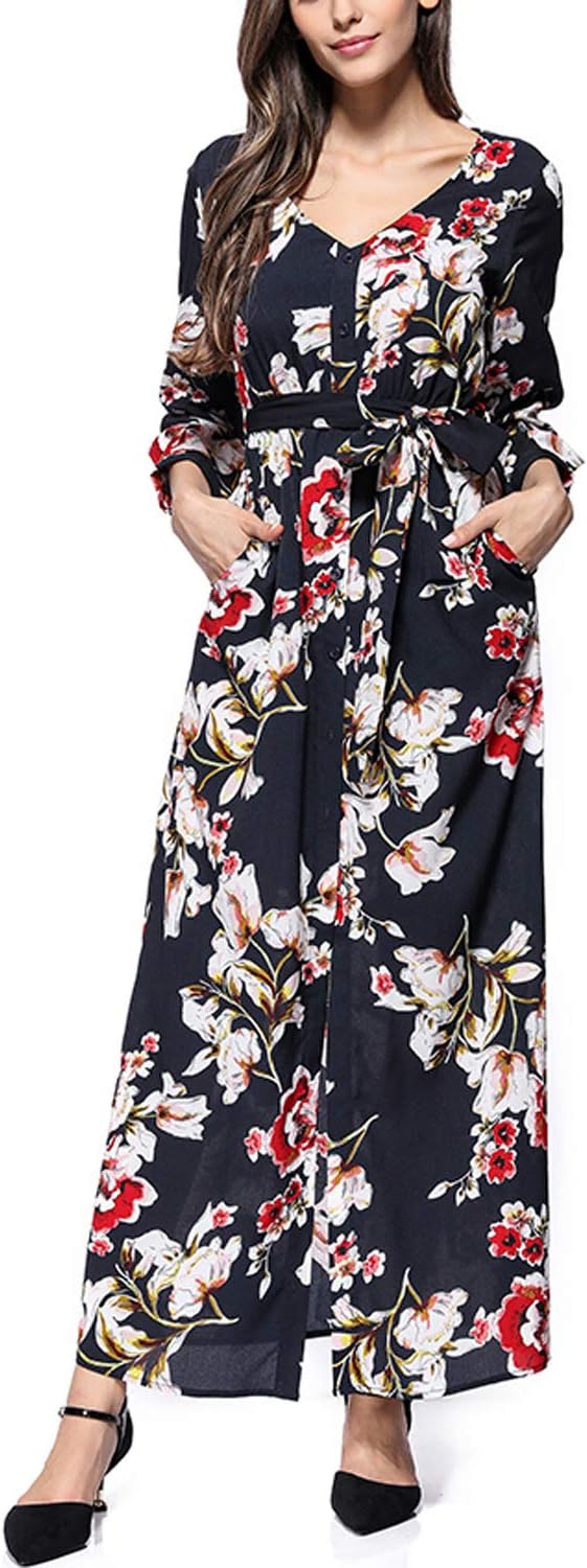 Lu's Chic Women's Boho Dresses Wrap Long Sleeve V Neck Slit Party Long Maxi Dress with Belt Gold US S(TagM)
