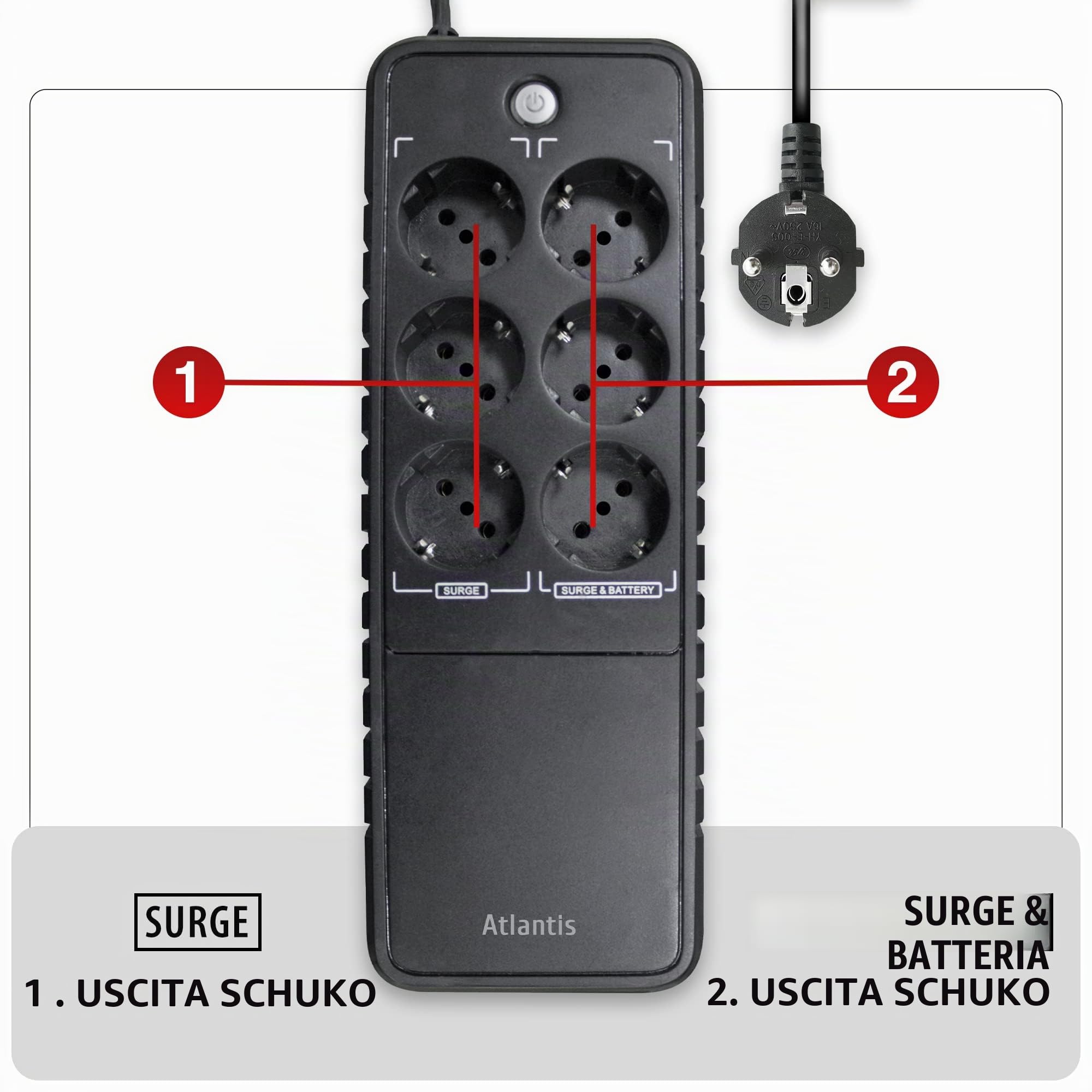 Atlantis A03-PS1000 Gruppo di Continuità OffLine 1000VA/500W, 6 prese Schuko, 1 Batteria 12V 5.6Ah