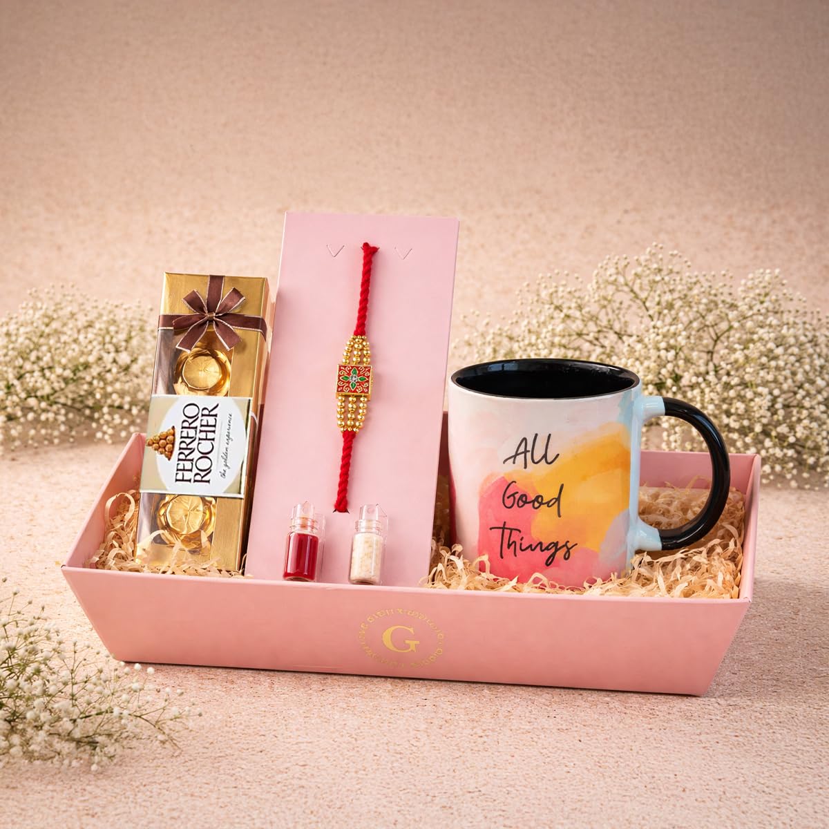 THE GIFT STUDIO.COM | Regal Golden Beads Rakhi Gift Hamper | Ferrero Rocher Chocolates & All Good Things Mug | Raksha Bandhan Gift-image-10