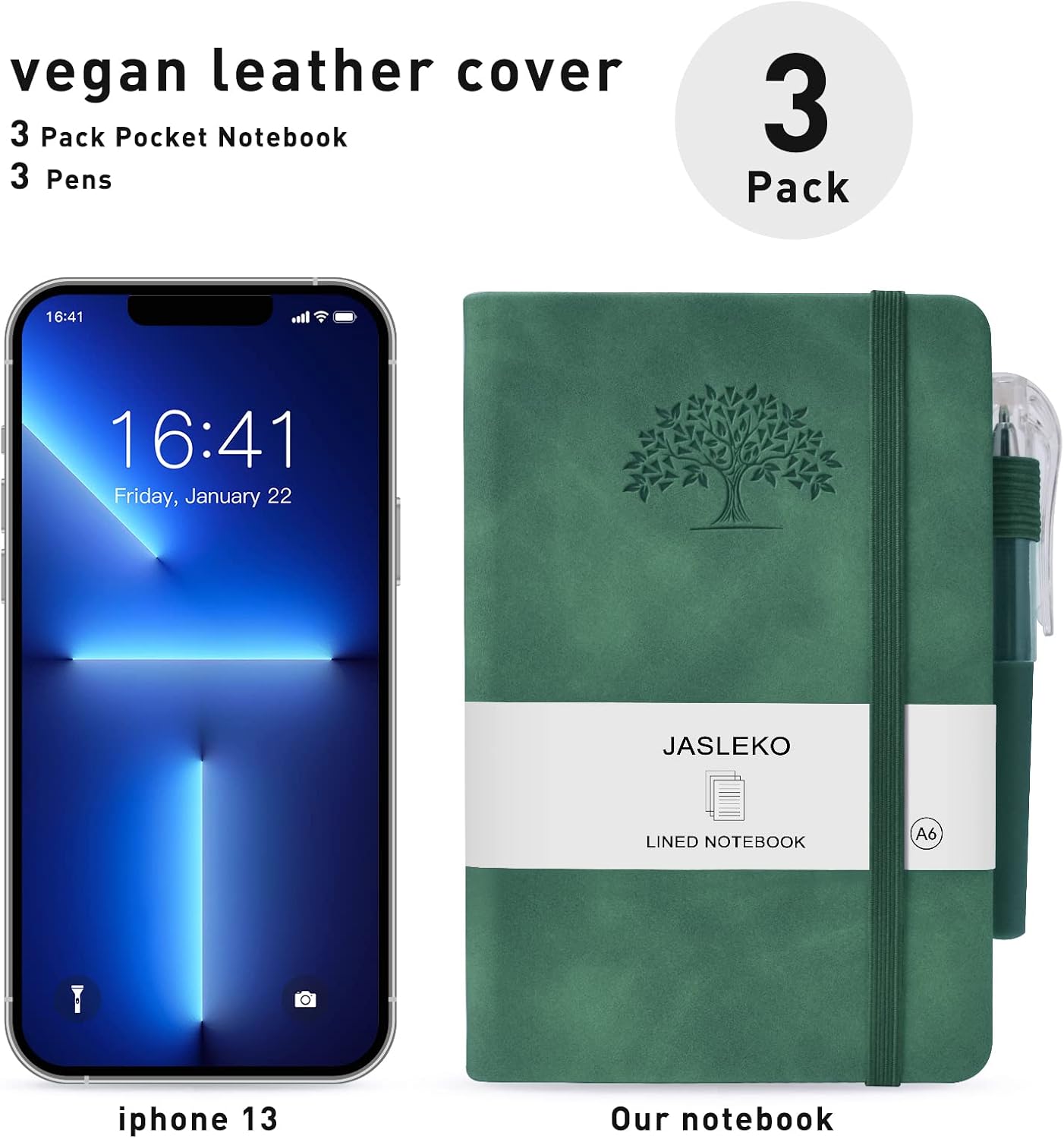 3 Pack Green Pocket Notebook with 3 Pen,Hardcover Small Journal Notebook Total 480 Pages Lined Paper,A6 Leather Journal for Men Women Writing Travel Diary,Mini Notepads for Work Travel,Note pads 3.7”x 5.7”