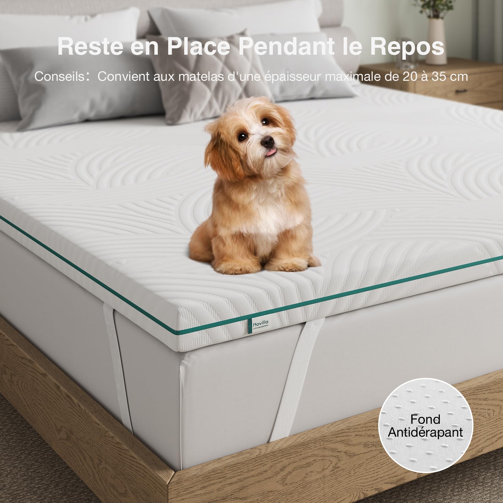 Novilla Surmatelas 120 X 190 CM – 7,5 cm Mémoire de Forme, Housse Lavable, Sangles Élastiques, Antidérapant, Certification de Sécurité – pour Matelas Ferme, Chambre d’Amis, Dortoir, Camping-Car