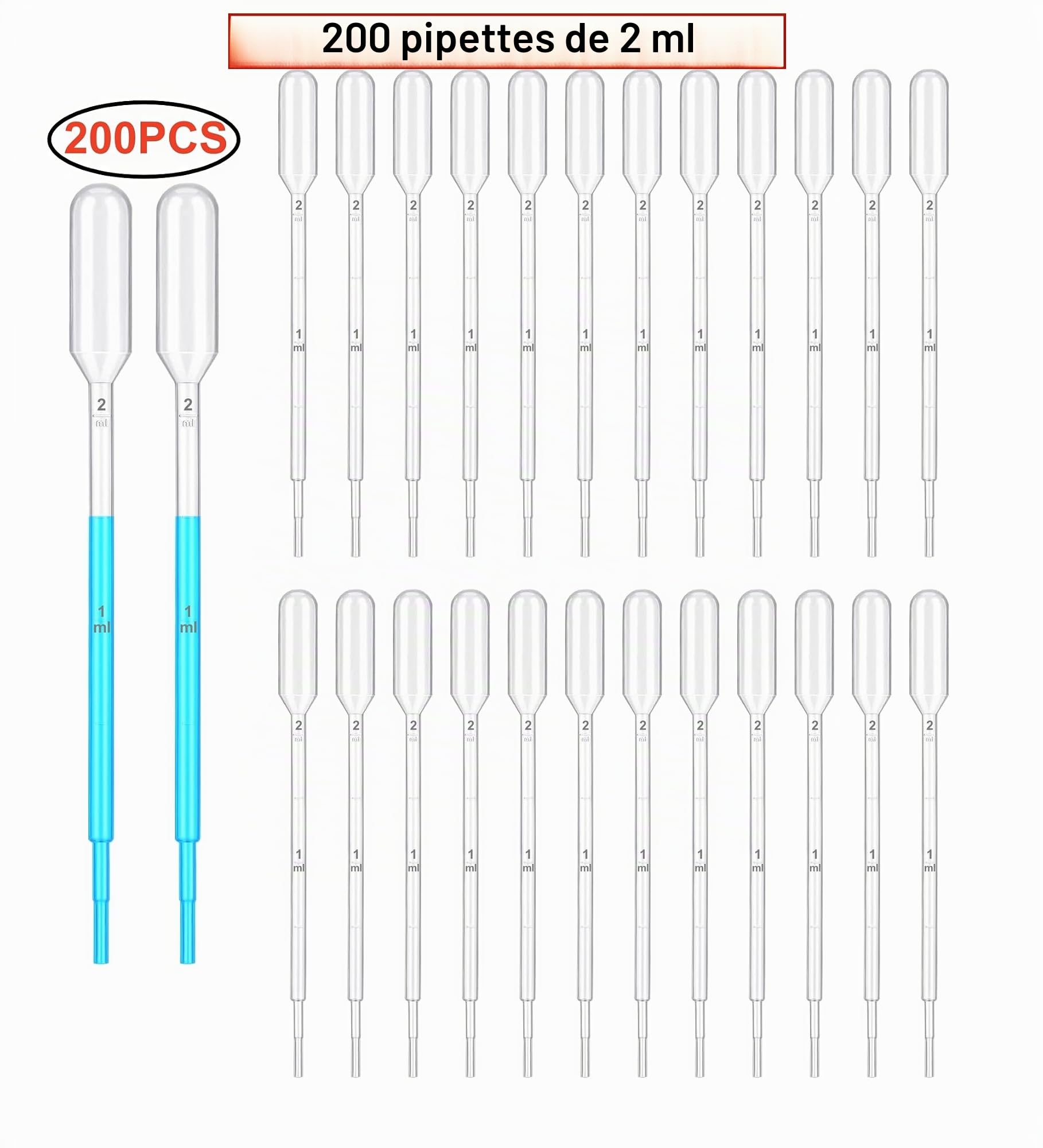 HUAZIZ Lot de 200 Pipettes de Transfert en Plastique 2 ML Gradué Jetable Pipettes De Mesure pour Transfert Des Huiles Essentielles Mélange De Parfum Peintures Acryliques et Lab (Transparent)