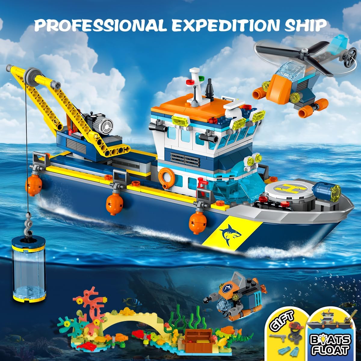 City Floatable Boat Building Set with LED Light - Ocean Arctic Explorer Ship Building Block Kit with Helicopter, Sub Exploration Toy Adventure Set Birthday Gift for Kids Boys Girls 6 7 8 9 10+ - Image 4