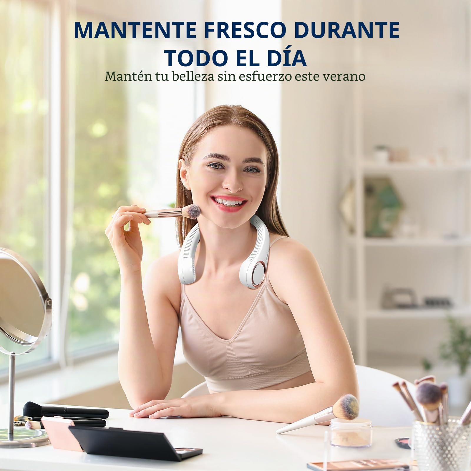 Morelax Ventilador de Cuello Portátil Recargable USB, 3 Velocidades Ajustables/Súper Silencioso/Sin Hojas, Diseño 360° para Viajes, Deporte, Oficina y Hogar (Blanco)