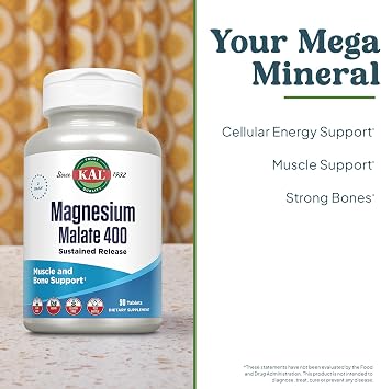 KAL Magnesium Malate 400mg, Chelated Magnesium Supplement with Malic Acid, Healthy Energy & Muscle Function Support, Enhanced Absorption, Vegan, Non-GMO, 45 Servings, 90 Veg Tabs