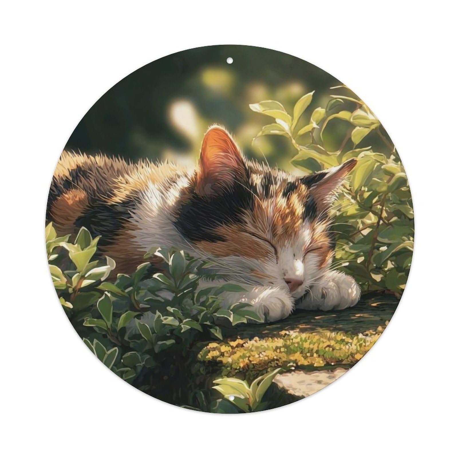 Cwbufd Vintage Style Animal Sleeping Calico Cat In Sunlit Garden Shrubbery Vintage Metal Tin Sign Plaque Wall Decor For Cafe, Club Bar, Office, Garden Metal Poster 8X8inch