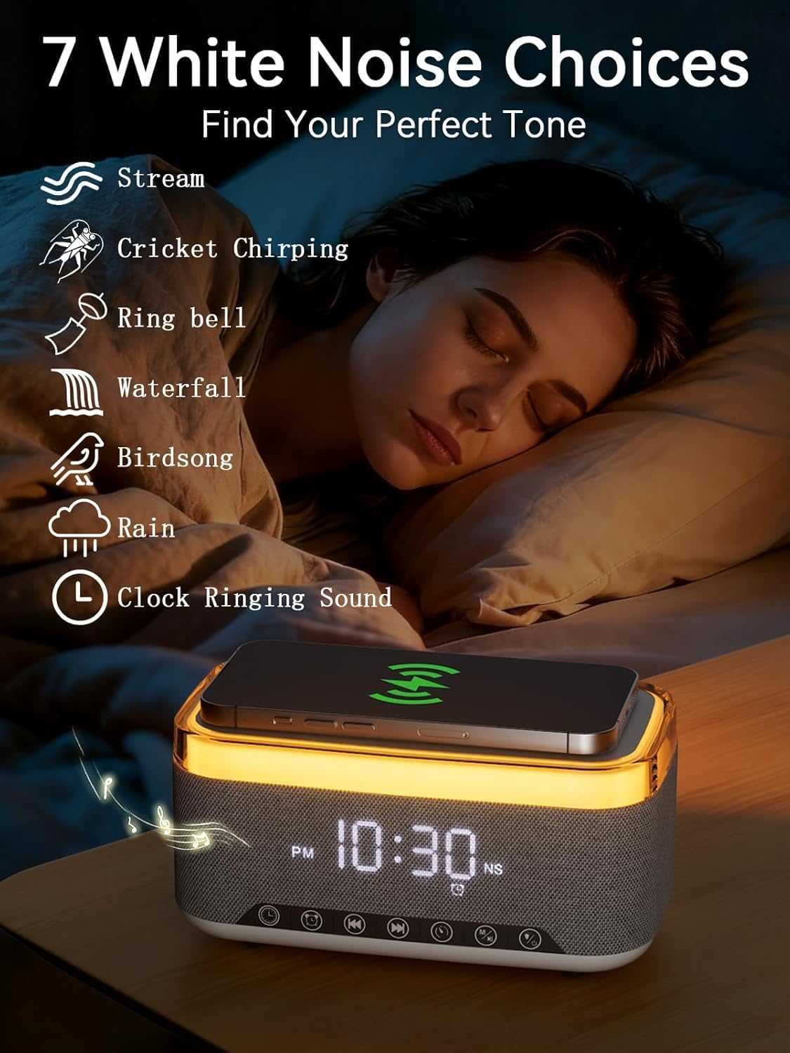 Bluetooth Speaker Alarm Clock with 10w Fast Wireless Charger for iPhone Samsung, 10W Stereo Bluetooth Speaker, 12-Color Night Light, White Noise Machine Digital Clock with FM Radio for Bedroom thumbnail