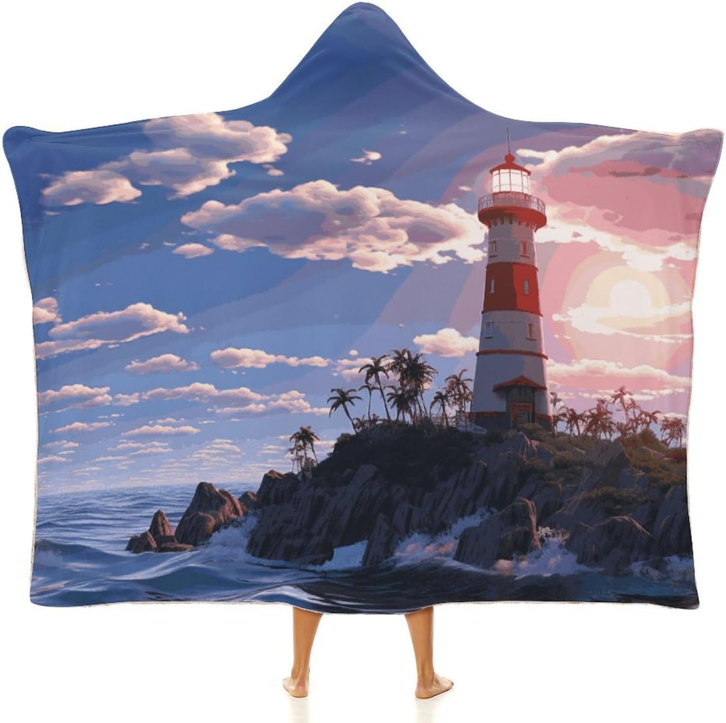Navigation Lighthouse Wearable Fleece Blanket with Hood for Men & Women Oversized Hoodie Blanket Soft Cozy Gift-