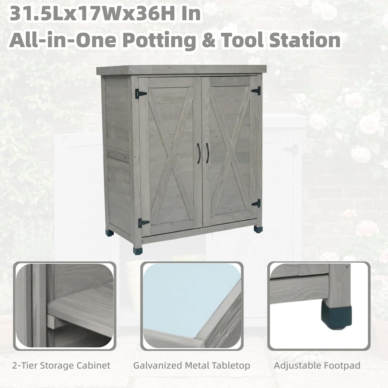31.5" Outdoor Potting Bench Table with Storage Cabinet & Metal Tabletop – Durable & Warerproof Garden Tool Organizer with Magnetic Doors,Solid Wood Planter Workbench for Patio, Balcony, Garage,Gray
