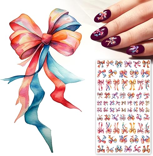 Calcomanías para uñas (5 hojas) FLONZNAIL Hermosos lazos y cintas de acuarela estilo vintage para decoración de uñas