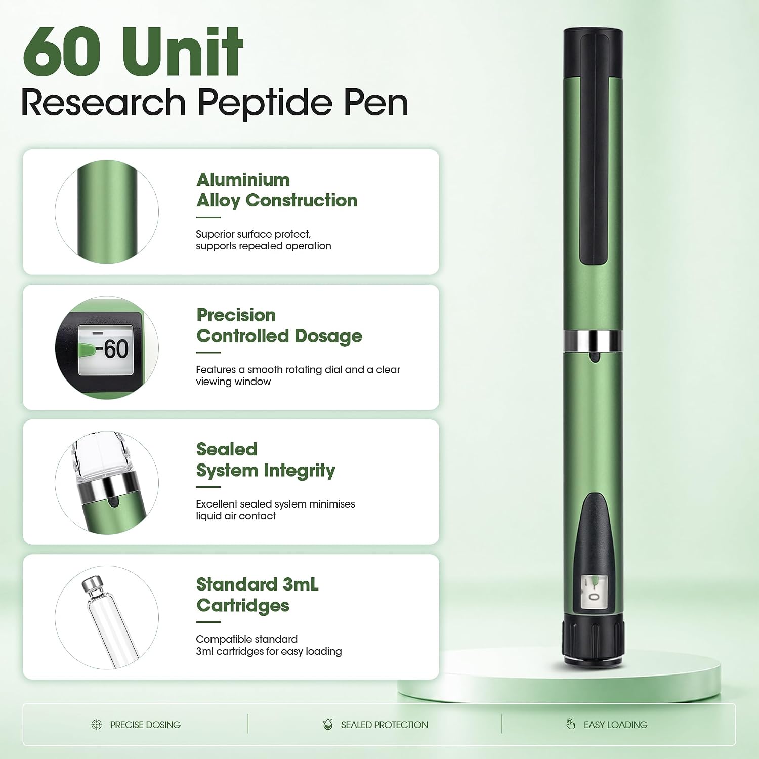 Reusable 60 Unit Peptide Pen Injector, V2 Pen for 3ml Cartridges