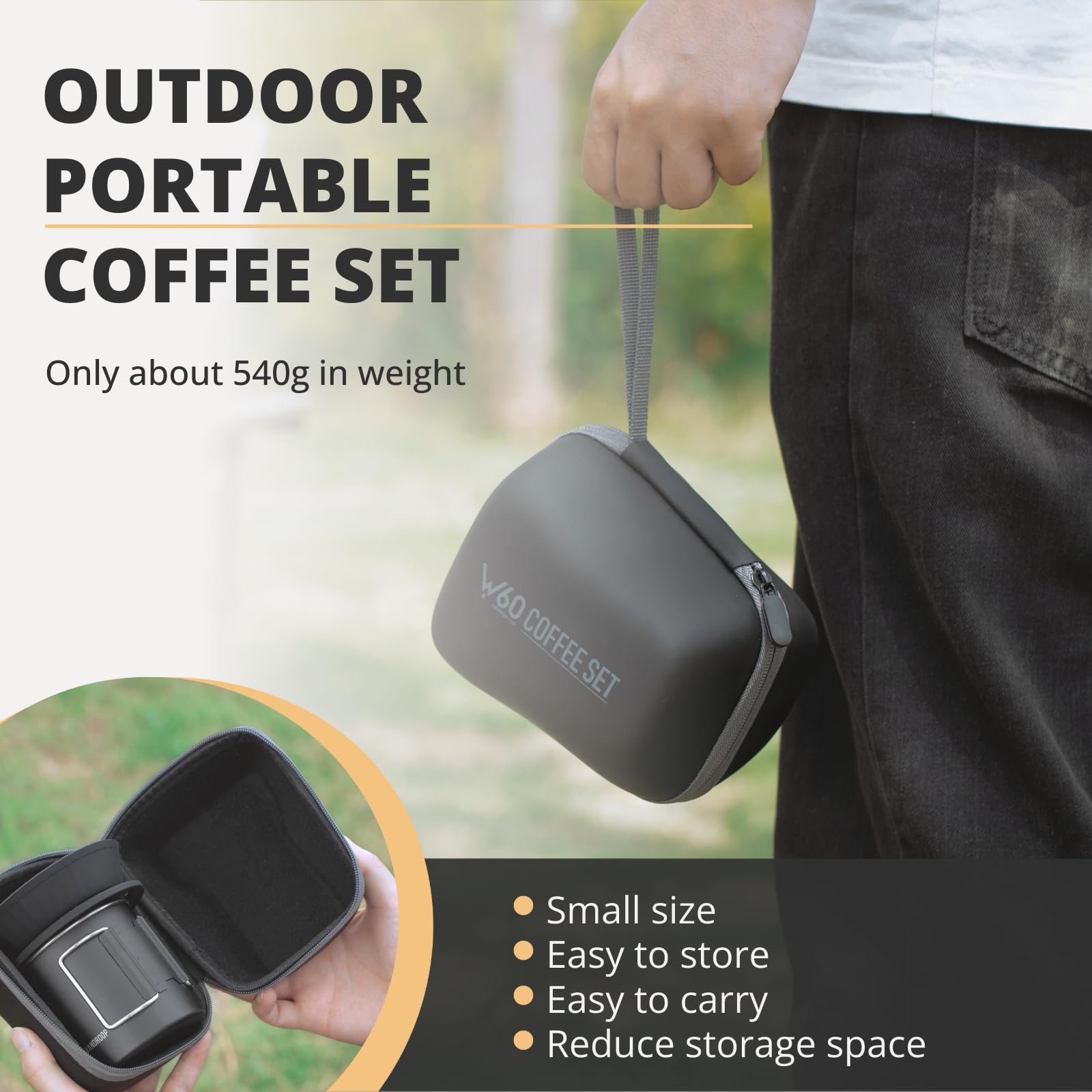 Vandroop Juego de cafetera para camping, juego de viaje V60, gotero de café de silicona plegable, 2 tazas portátiles de acero inoxidable, con 10 filtros de papel V60 (color negro, para 2-3 personas)