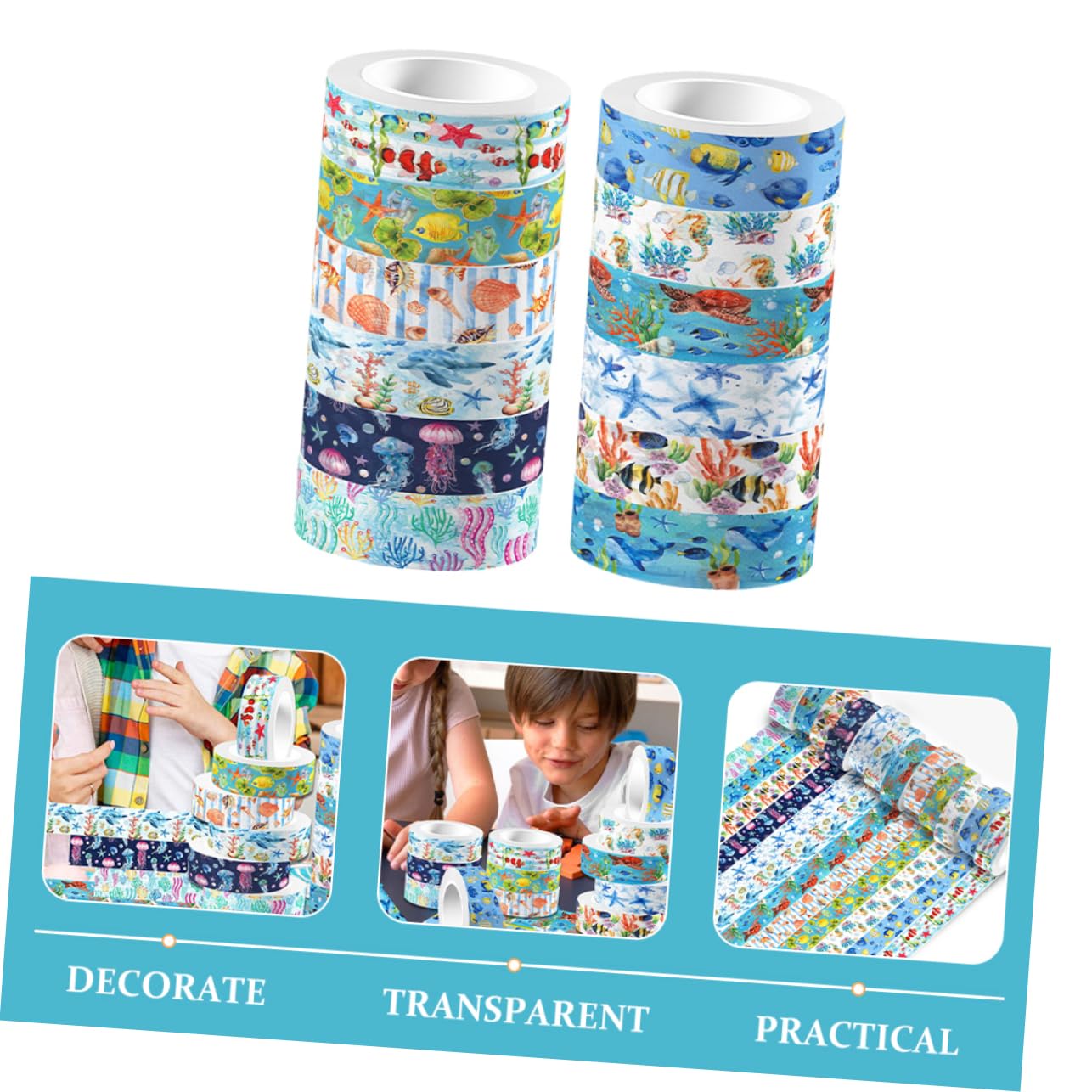 DOITOOL 4 Ensembles Biote Sous-marin Autocollant Scrapbooking Artisanat Pour Ruban Adhésif Scène Adulte Océan Mignon Stickers Pastel Ruban De Scrapbooking Autocollants 12 Rouleaux*4