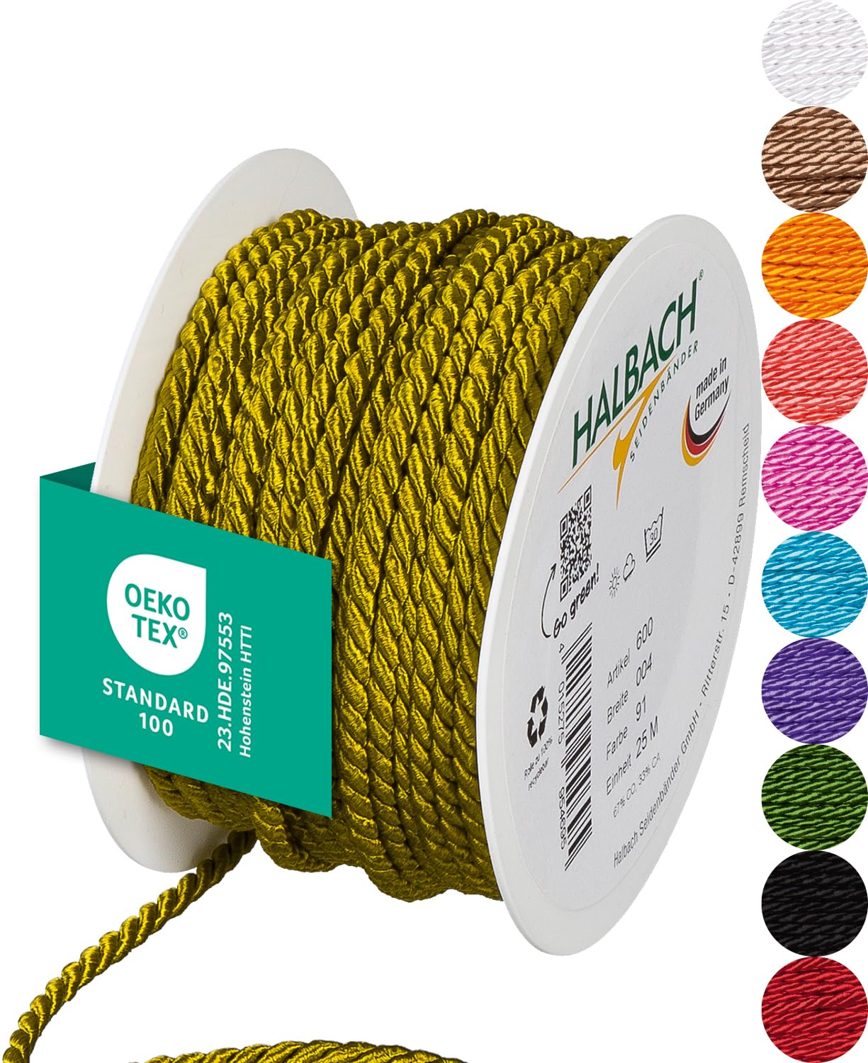 Halbach Seidenbänder Premium Kordel (olivgrün) | Breite 4mm Länge 25m | Made in Germany & Öko-Tex Zertifiziert | glänzende Satinkordel aus Acetat