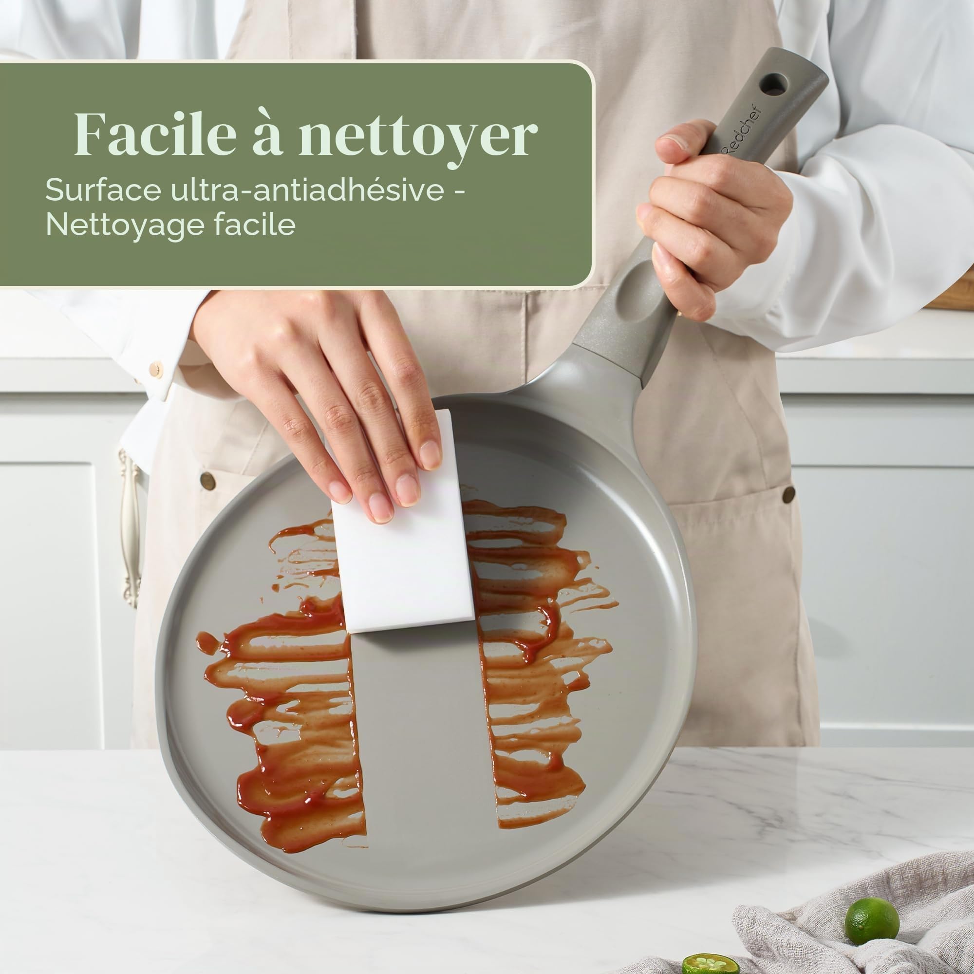 Redchef Poêle à crêpes, 26 cm, en céramique antiadhésive, sans PTFE, sans PFOA, résistante aux rayures, passe au lave-vaisselle, grise
