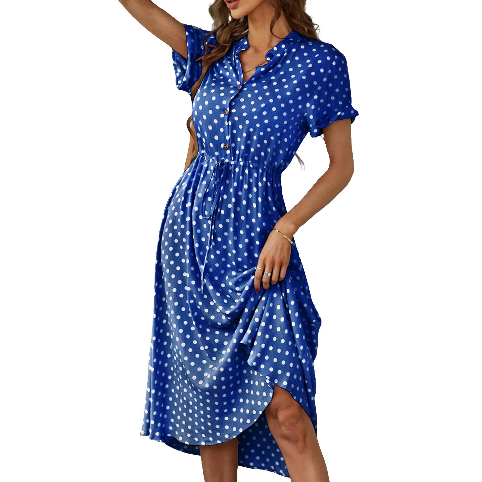 Abito Estivo Delle Donne Casual Lapel Dress Button Down Shirt Dress Swing Dress Polka Dot Vintage Abiti, HUTALIM, Blu, l