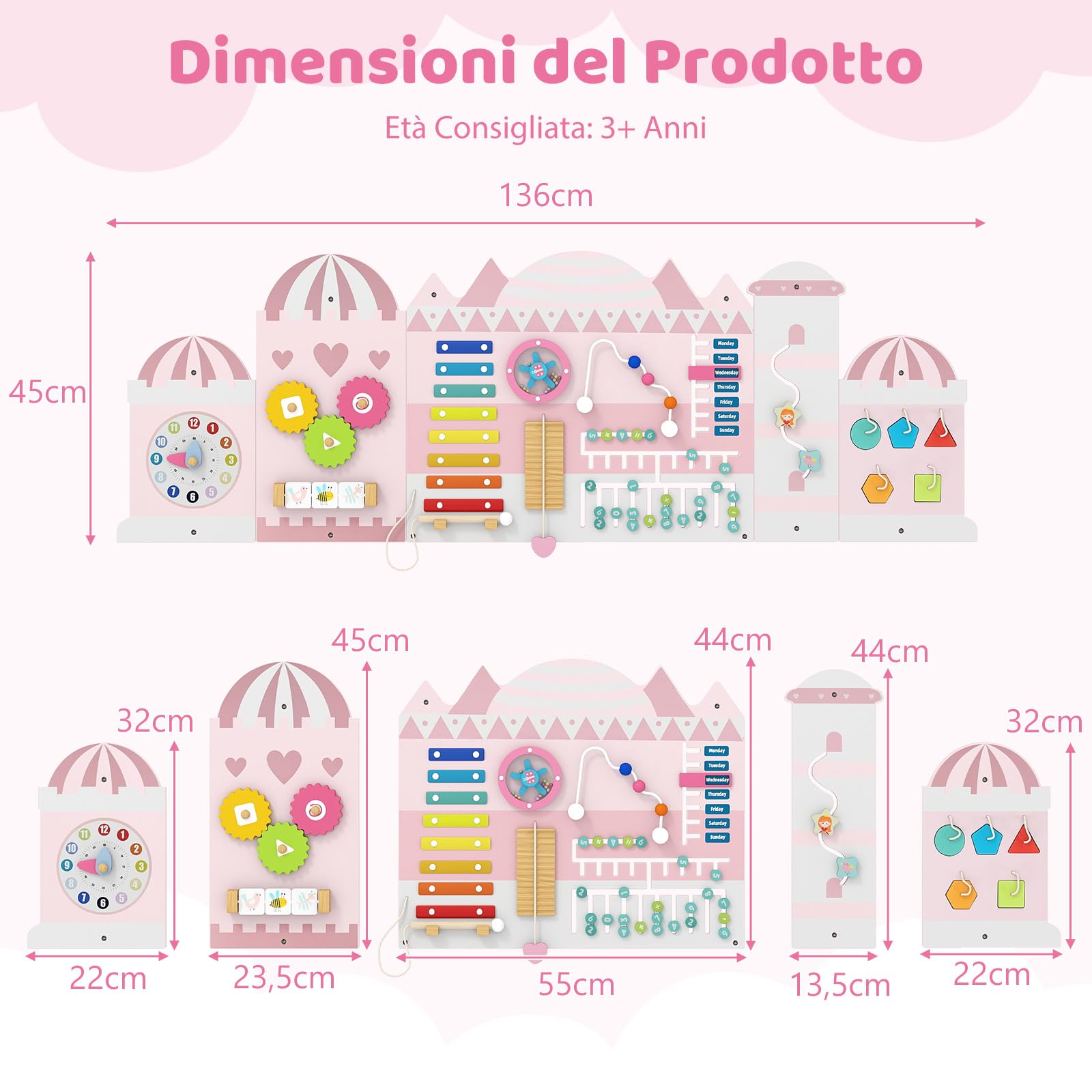 COSTWAY Pannelli da Parete con attività, Busy Board 11 in 1 Montessori in Legno per Sviluppo Sensoriale, Centro di attività Educativo Montato a Parete per Stanza Giochi, Asilo Nido (Castello)
