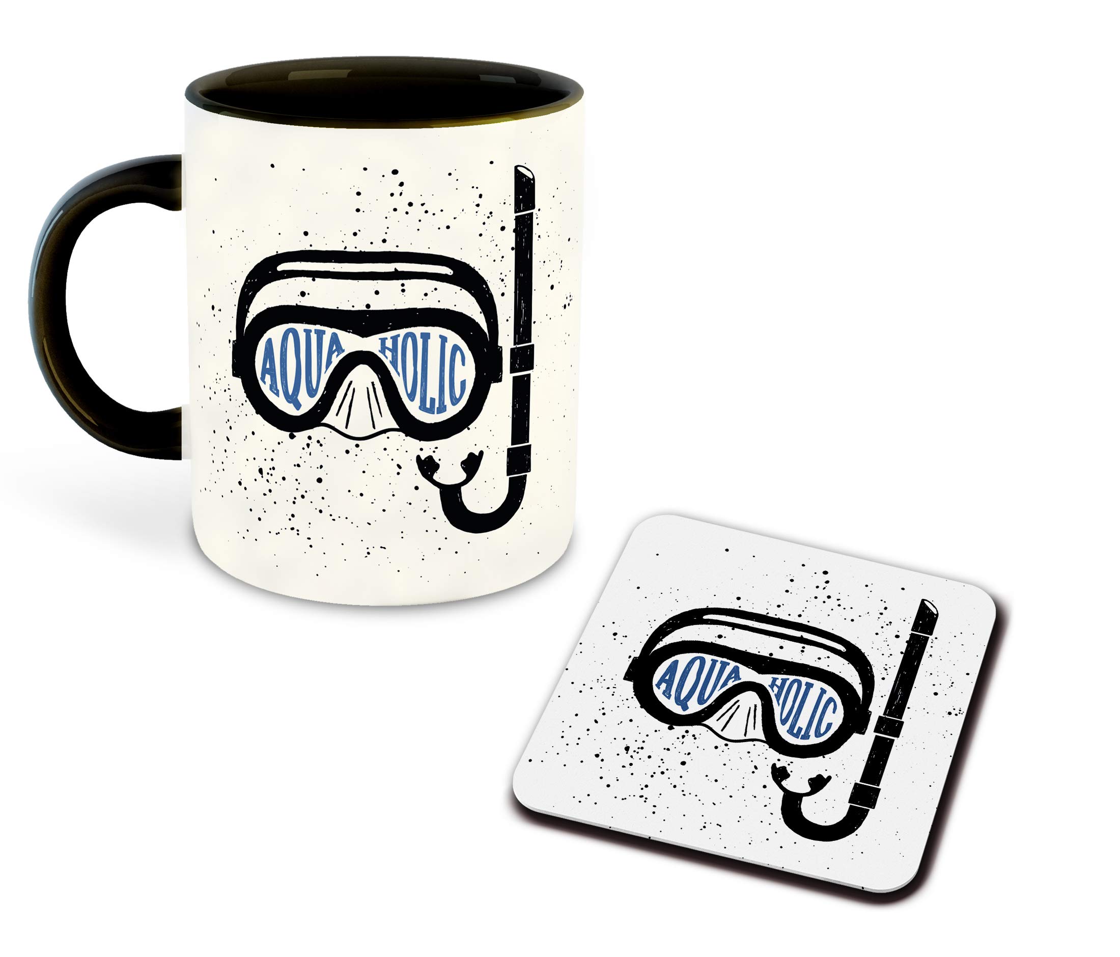 WHATS YOUR KICK - Scuba Diving Inspired Designer Printed Black Ceramic Coffee |Tea | Milk Mug Combo with Coaster (Gift | Adventure | Hobby | Diving) (Combo 15)
