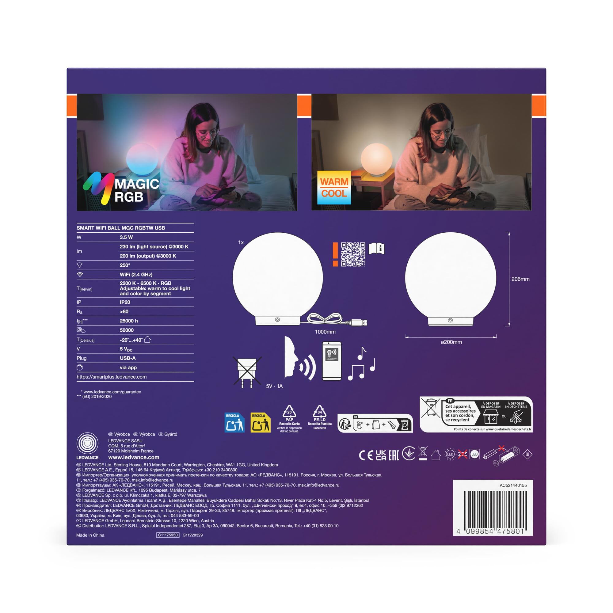 OSRAM SMART+ WiFi BALL LIGHT Lampada da tavolo, 5W, 200lm | Smart+ Wifi Ball Magic, Party Lighting Special and Mood Light, Bianco, 30000 h, confezione da 1