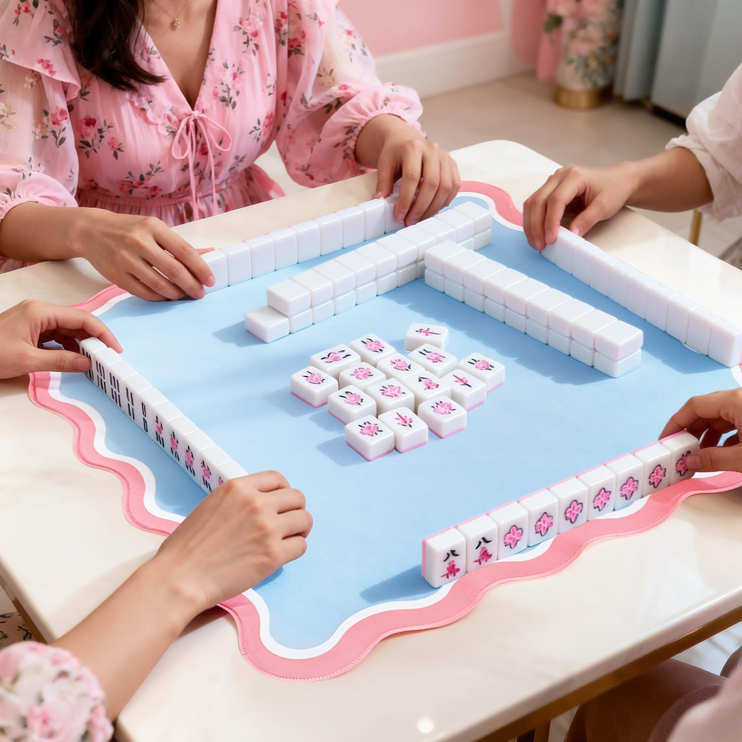 22 in Mini Mahjong Mat for Travel – Portable Mahjong Game Mat with 4 Pcs Mahjong Tile Shufflers, Non-Slip Rubber Backing, Foldable Surface & Carry Bag(Blue)