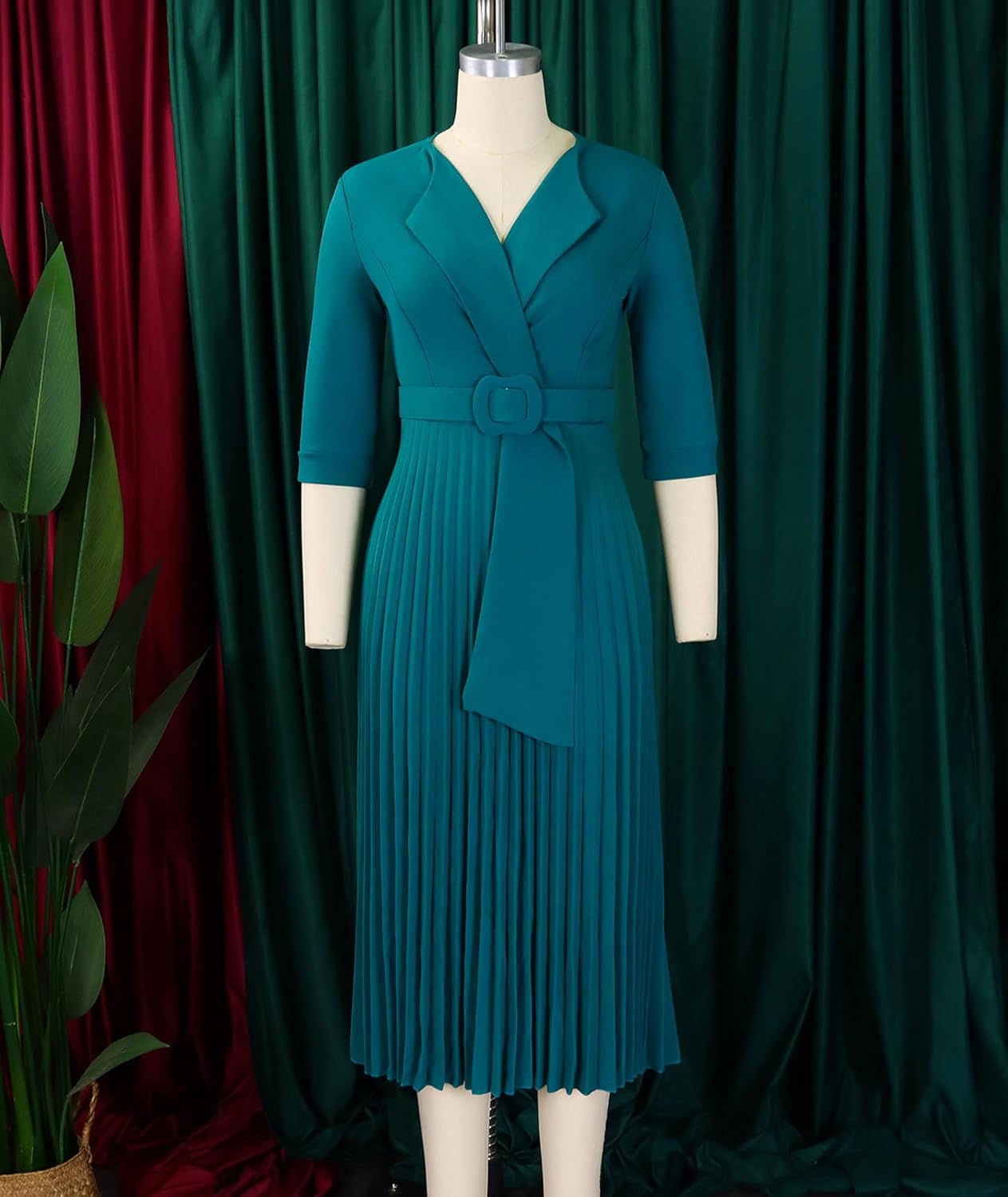 SOMTHRON Women's Elegant 3/4 Sleeve Blazer Dress V Neck Lapel Pleated Business Work Swing Midi Dress with Belt