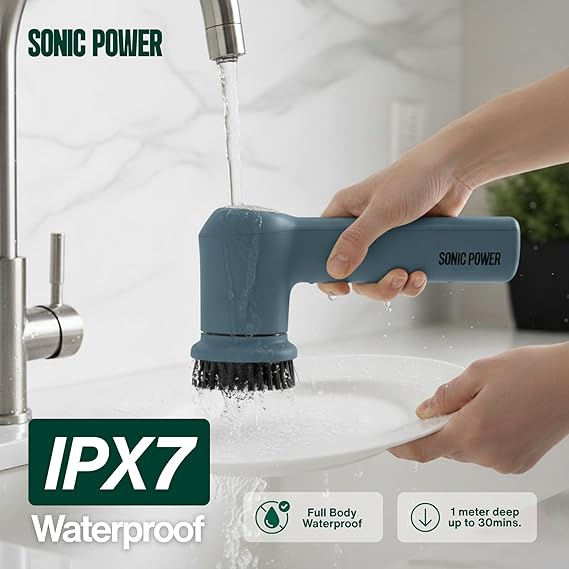 SonicPower Electric Spin Scrubber Handheld & Ergonomic, IPX7 Waterproof, 4 Multi-Purpose Brush Heads, Long-Lasting Rechargeable Battery Cleans Dishes, Bathroom, Tile, Grout & Kitchen (Steel Blue)