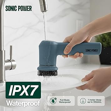 SonicPower Electric Spin Scrubber Handheld & Ergonomic, IPX7 Waterproof, 4 Multi-Purpose Brush Heads, Long-Lasting Rechargeable Battery Cleans Dishes, Bathroom, Tile, Grout & Kitchen (Steel Blue)