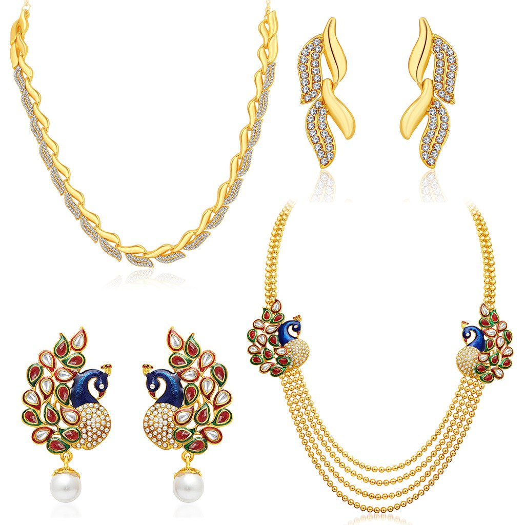 Sukkhi Gleaming Pearl Gold Plated Wedding Jewellery Peacock Meenakari Long Haram Necklace Set Combo For Women (CB71484GLDPM1450) Sukkhi Gleaming Pearl Gold Plated Wedding Jewellery Peacock Meenakari Long Haram Necklace Set Combo For Women (CB71484GLDPM1450)