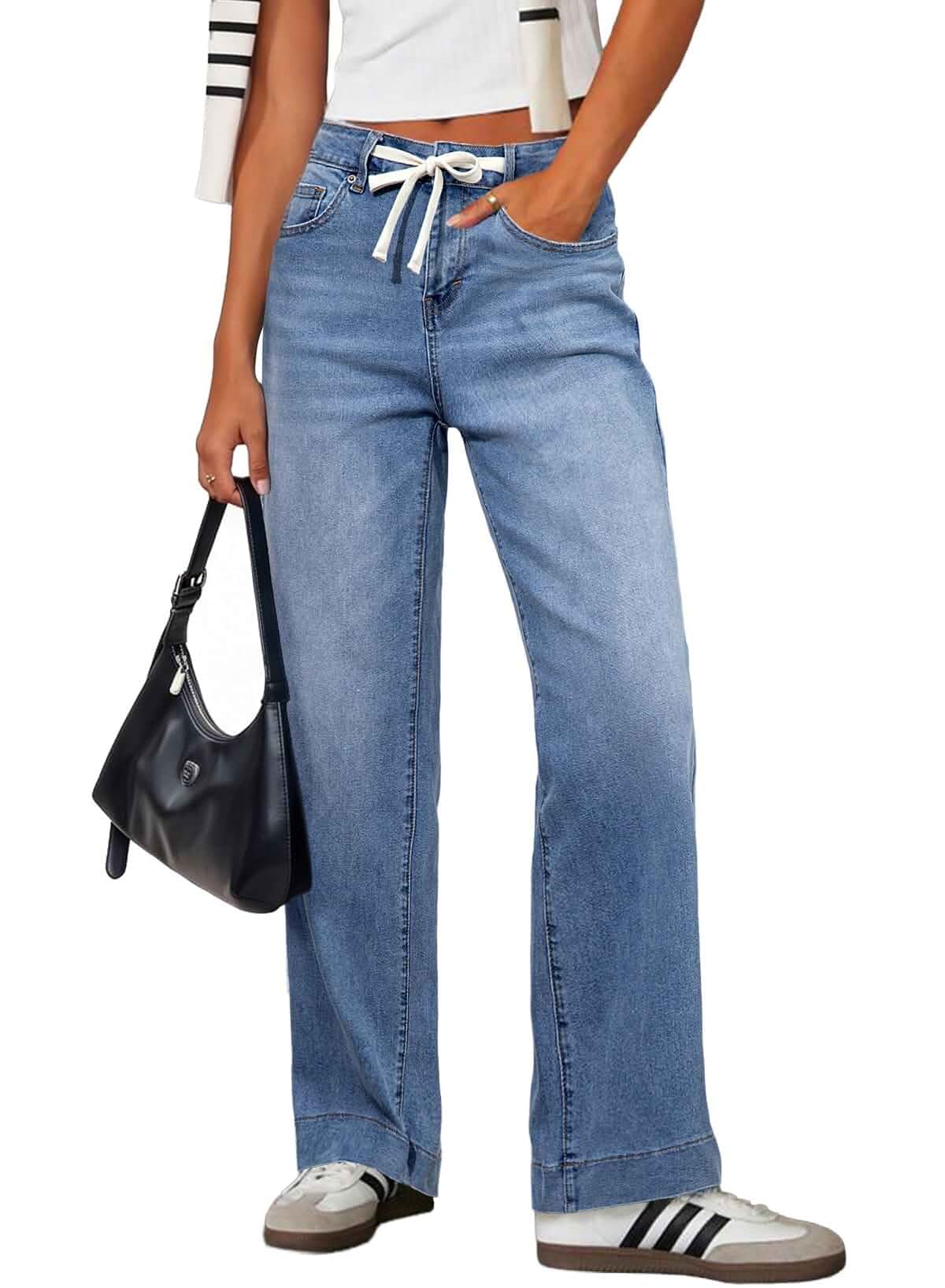 Sidefeel Women's High Waisted Straight Leg Jeans Drawstring Denim Pants Stretchy Jeans with Pockets,Adjustable Drawstring,High Rise,Full Length,Casual Daily Wear