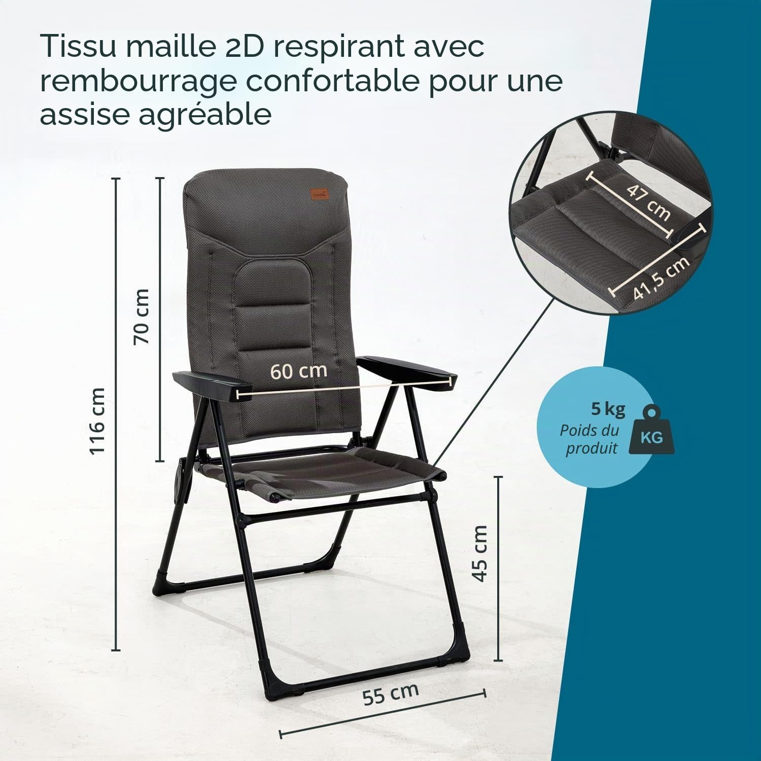 Skandika Fauteuil Kvist | Chaise de Camping Pliable, Fauteuil Pliant en Aluminium et Acier, Dossier réglable sur 4 Positions, Max.150 kg, rembourrée, Appui-tête | Chaise, Camping, Jardin