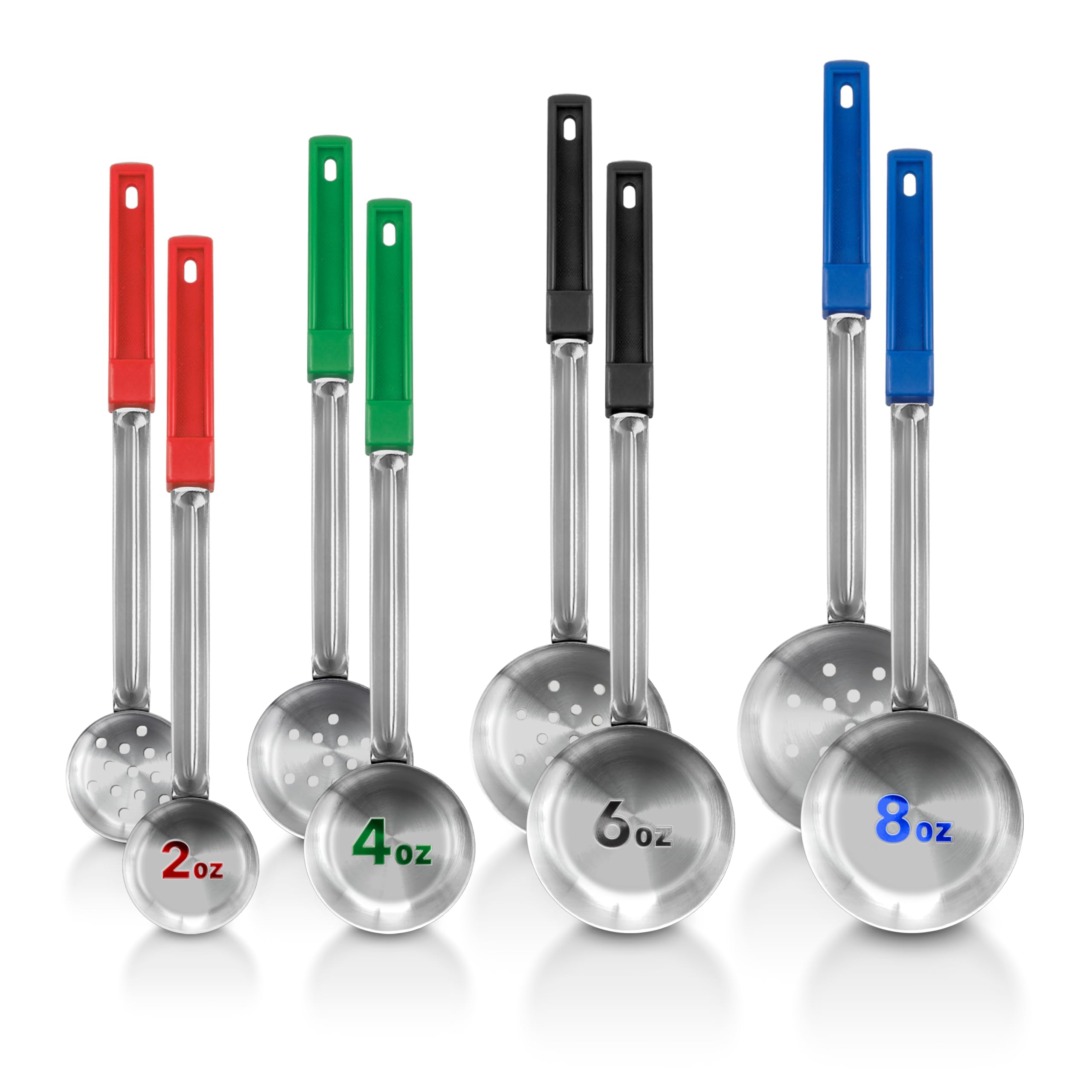 Portion Control Serving Spoons (Set of 8), Slotted & Unslotted Portion Scoops for Food, Heavy Duty Stainless Steel Utensils for Portion Control, 2, 4, 6, and 8oz Scoops for Portion Perfection