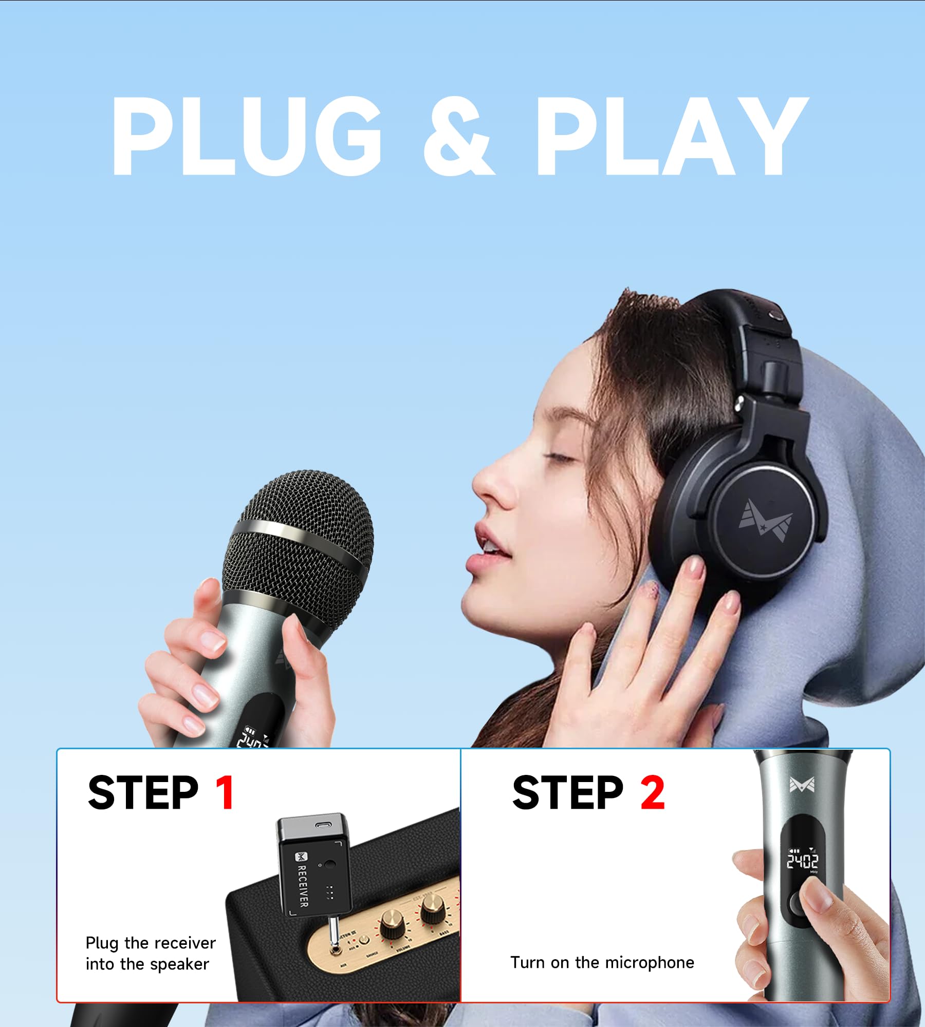 Microfono Wireless, Microfono con Connessione Chip Uno a Uno, Durata 40 Ore, Ricezione a Distanza di 200 Piedi, Microfono a Tubo Semi-Metallico Per Canto, Registrazione Video, Feste a Casa (Nero)