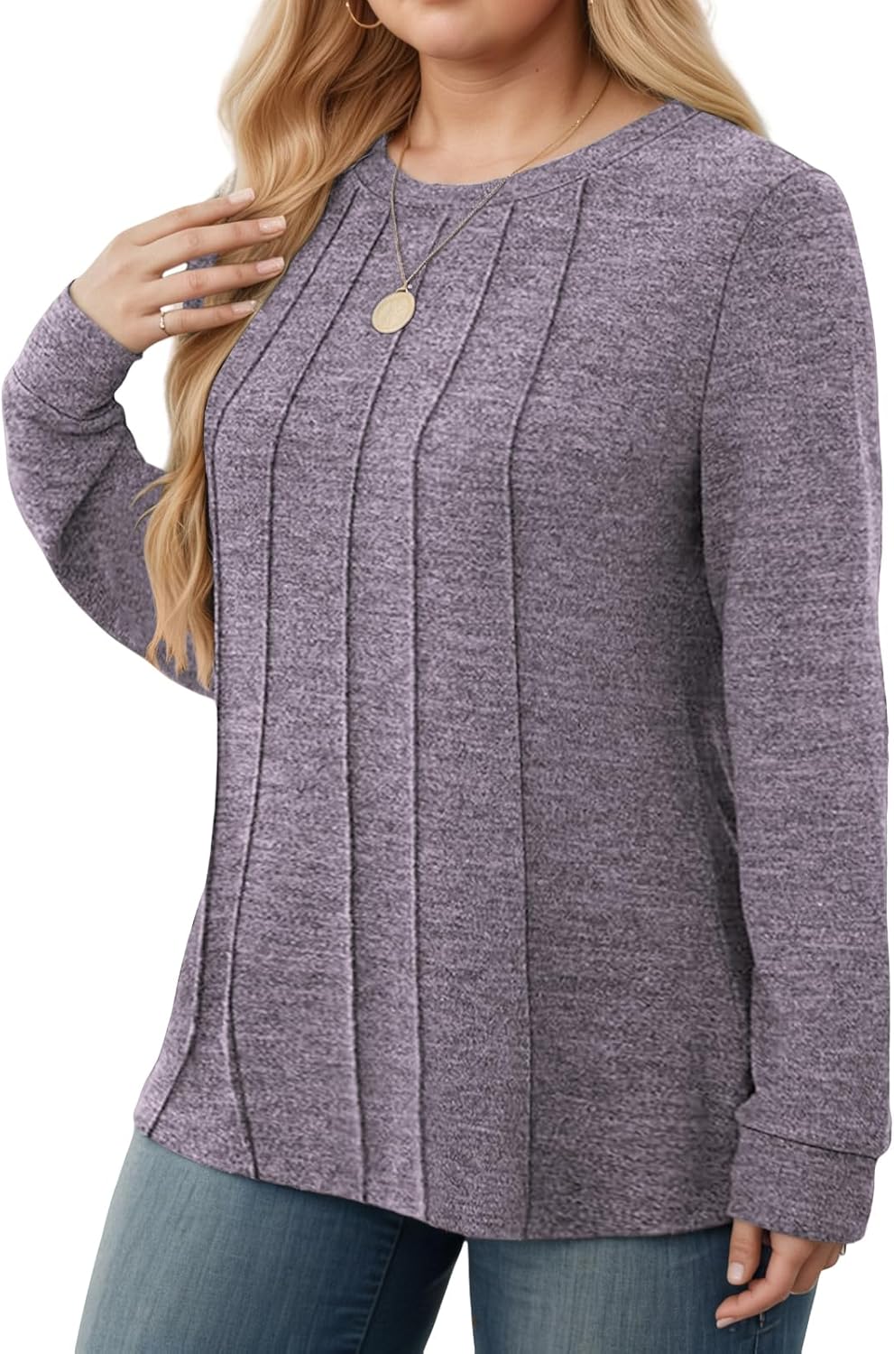 VISLILY Womens-Plus-Size-Tops Dressy Long Sleeve Shirts Casual Crewneck Tunics Tees Trendy Pleated Comfy Blouses XL-5XL - Image 3