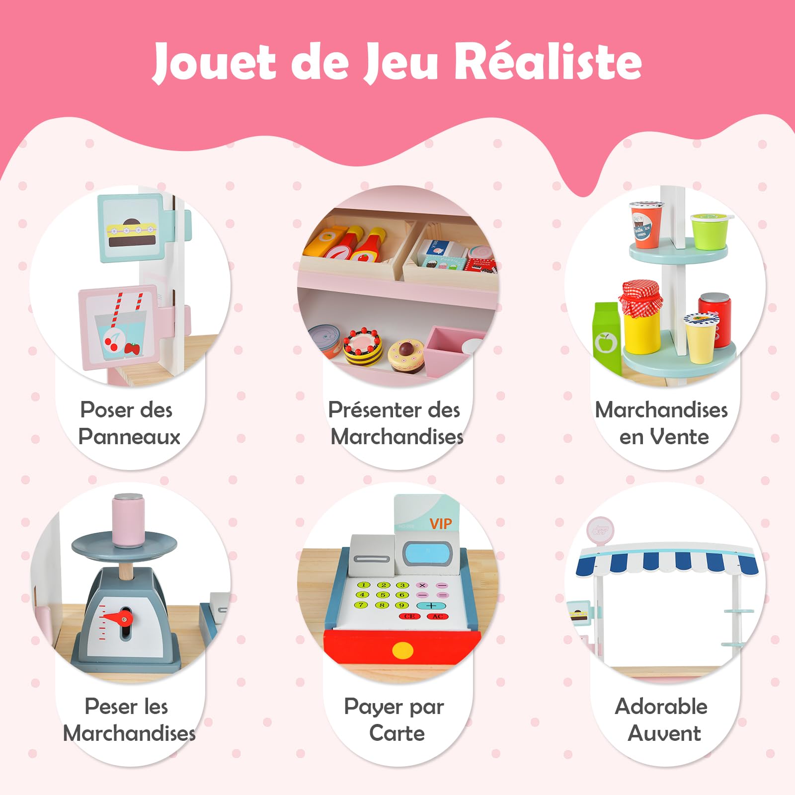 GOPLUS Épicerie pour Enfants, Stand de Marchande en Bois, Étal de Marché Jouet, avec 40 Accessoires, Auvent, Panneau Publicitaire, Jeu d'Imitation GOPLUS Épicerie pour Enfants, Stand de Marchande en Bois, Étal de Marché Jouet, avec 40 Accessoires, Auvent, Panneau Publicitaire, Jeu d'Imitation
