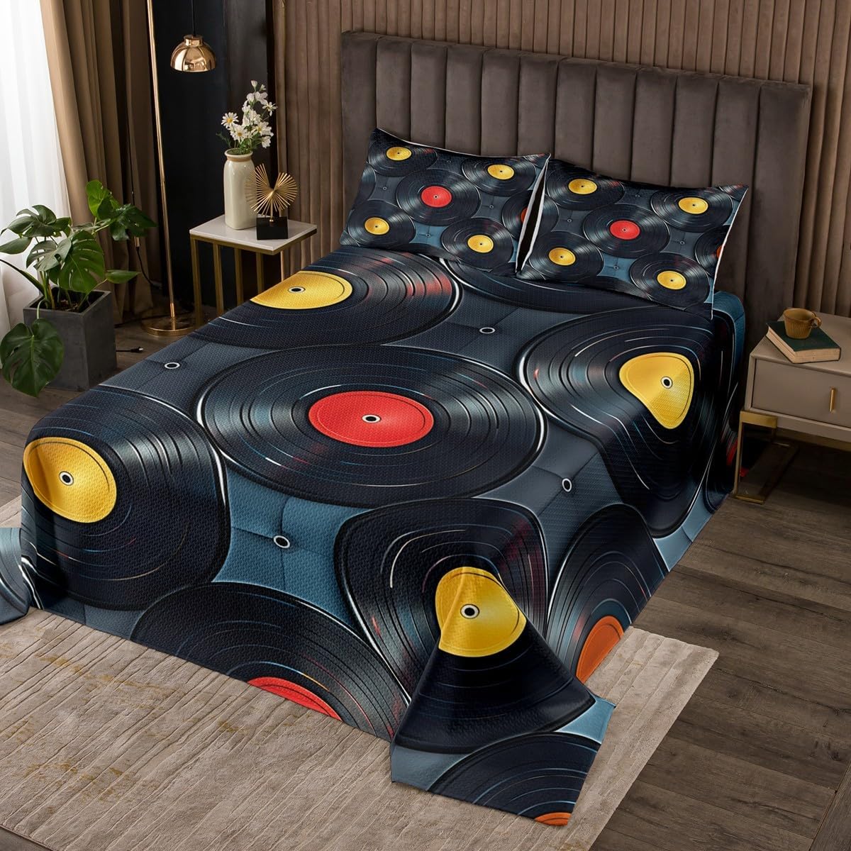 Manfei Musical Theme Kids Bedspread Twin Size,Colorful Retro Vinyl Records Coverlet Set,Boys Girls Room Decor,Geometric Paids Patchwork Quilted Coverlet,Black Bedding Quilt,1 Pillowcase