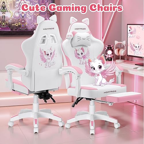 Miniatura 3 de HOFFREE Silla Rosa para Juegos con Orejas de Gato y Almohada Lumbar de Masaje en Forma de Nube, Silla Ergonómica Linda para Computadora para Niñas