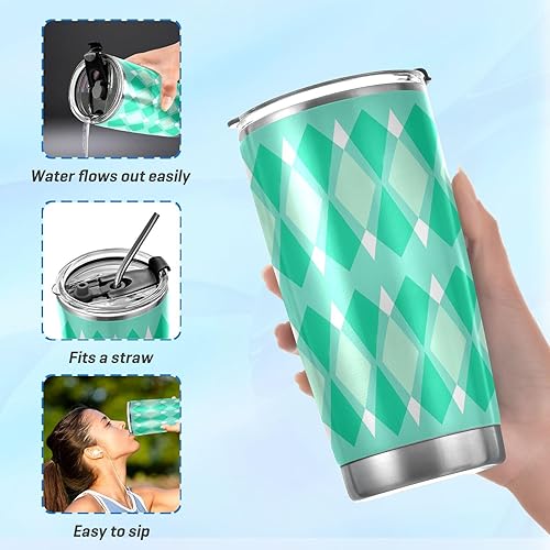 Miniatura 6 de Turquoise lozenge rhomb Stainless Steel cup with lid with Straw Leak Resistant Flip coffee mug to go for gym simply Vacuum Insulated Tumbler