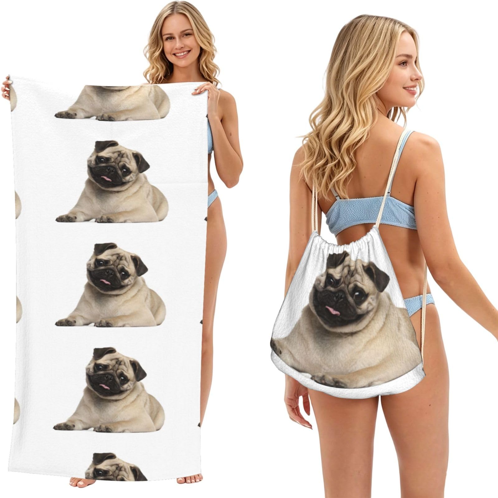 Poadnly As Picture 9 Month Old Pug Puppy, 2 In 1 Packable Towel Bag, Beach Towels With Drawstring Backpack For Travel Holiday Camping