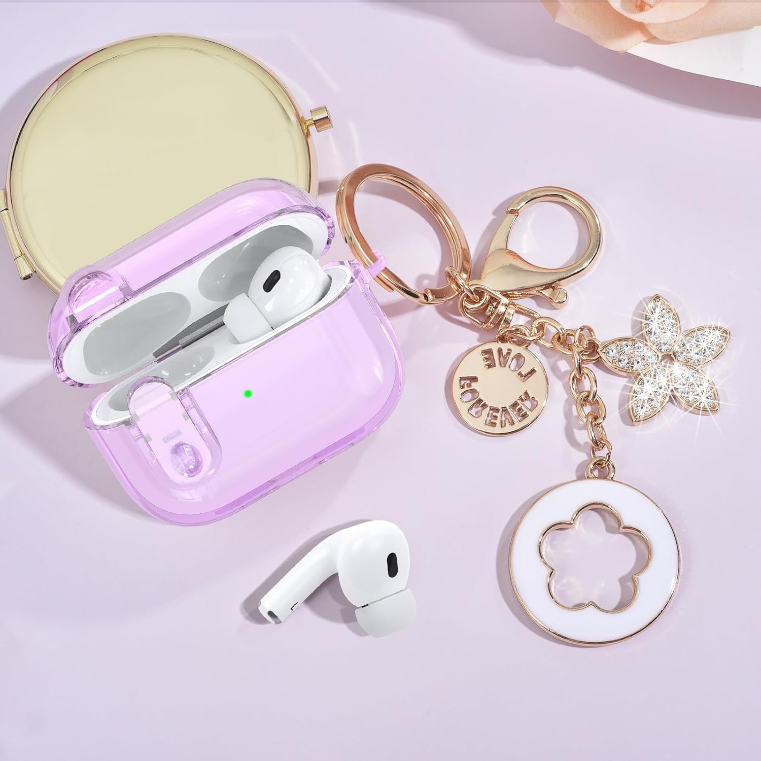 (with Lock) Clear Case Compatible for Cute Apple Airpods Pro 2 Cases Women, VISOOM TPU Transparency Air pods Pro 1st 2nd Generation Purpl Soft iPods Earbuds Case Bling Keychain for Airpod Pro2/1 image 2