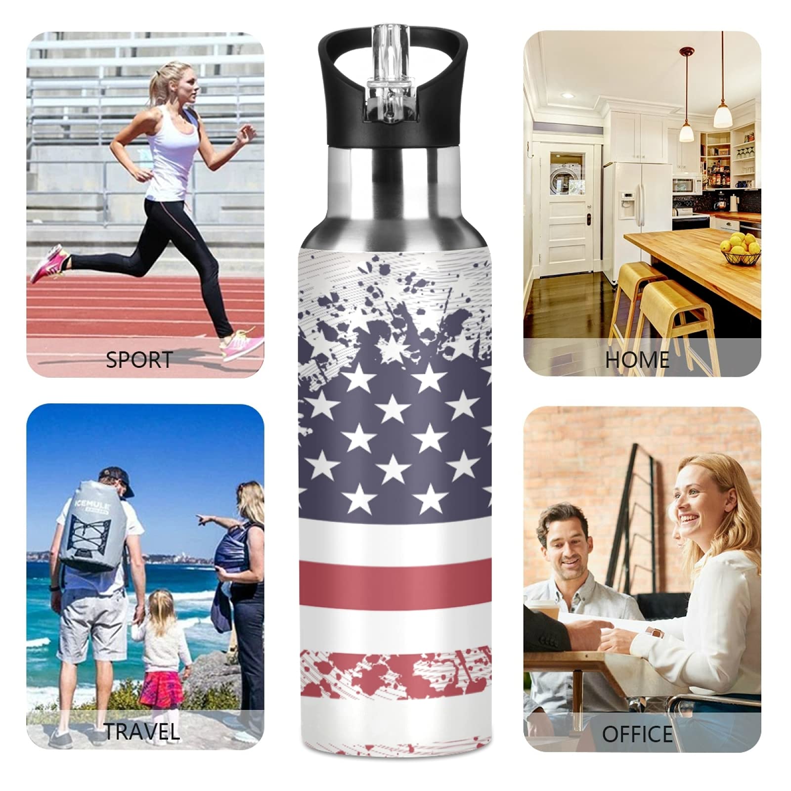 Isolierte Edelstahl-Wasserflasche 530 Ml Mit Strohhalm – Retro-Design Mit Amerikanischer Flagge
